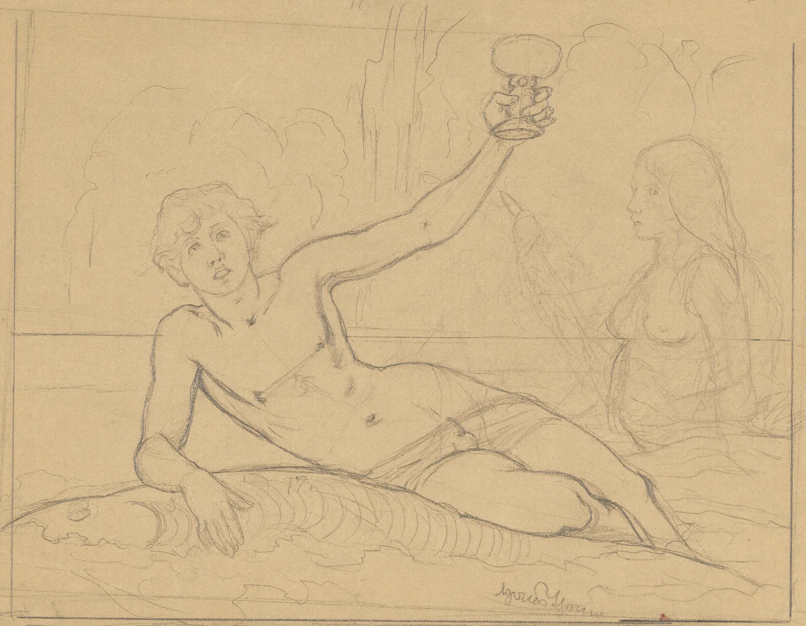 Young Man With A Chalice In His Hand Lying On A Fish With A Nereid In The Background On The Right Wall Art by Hans Thoma - Canvas Print