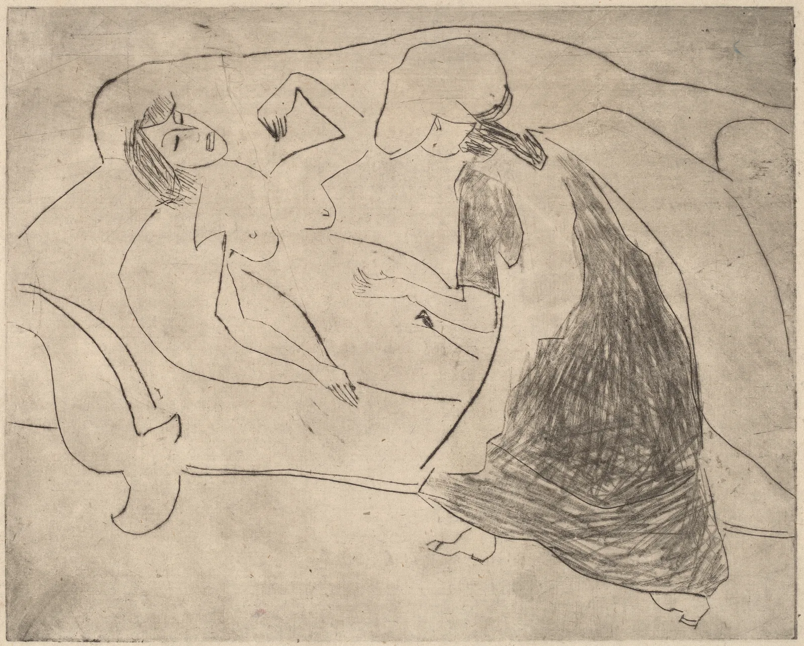 Girl With Another Rubbing Her Belly Wall Art by Ernst Ludwig Kirchner - Canvas Print