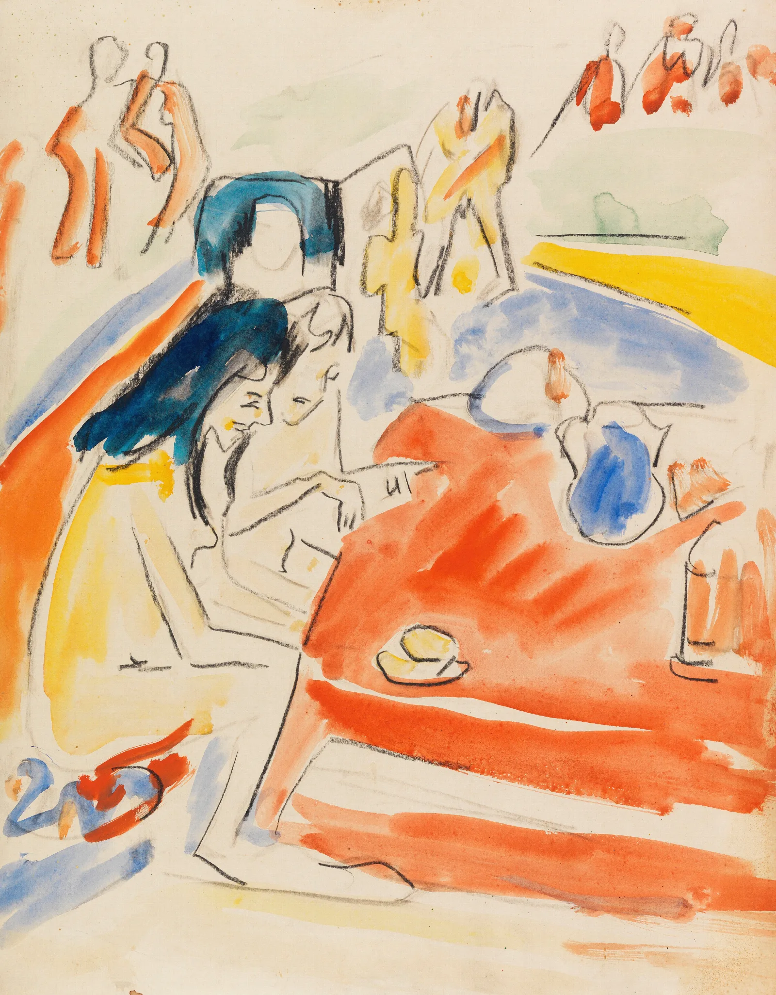 Zwei Am Tisch Sitzende Madchen Wall Art by Ernst Ludwig Kirchner - Canvas Print