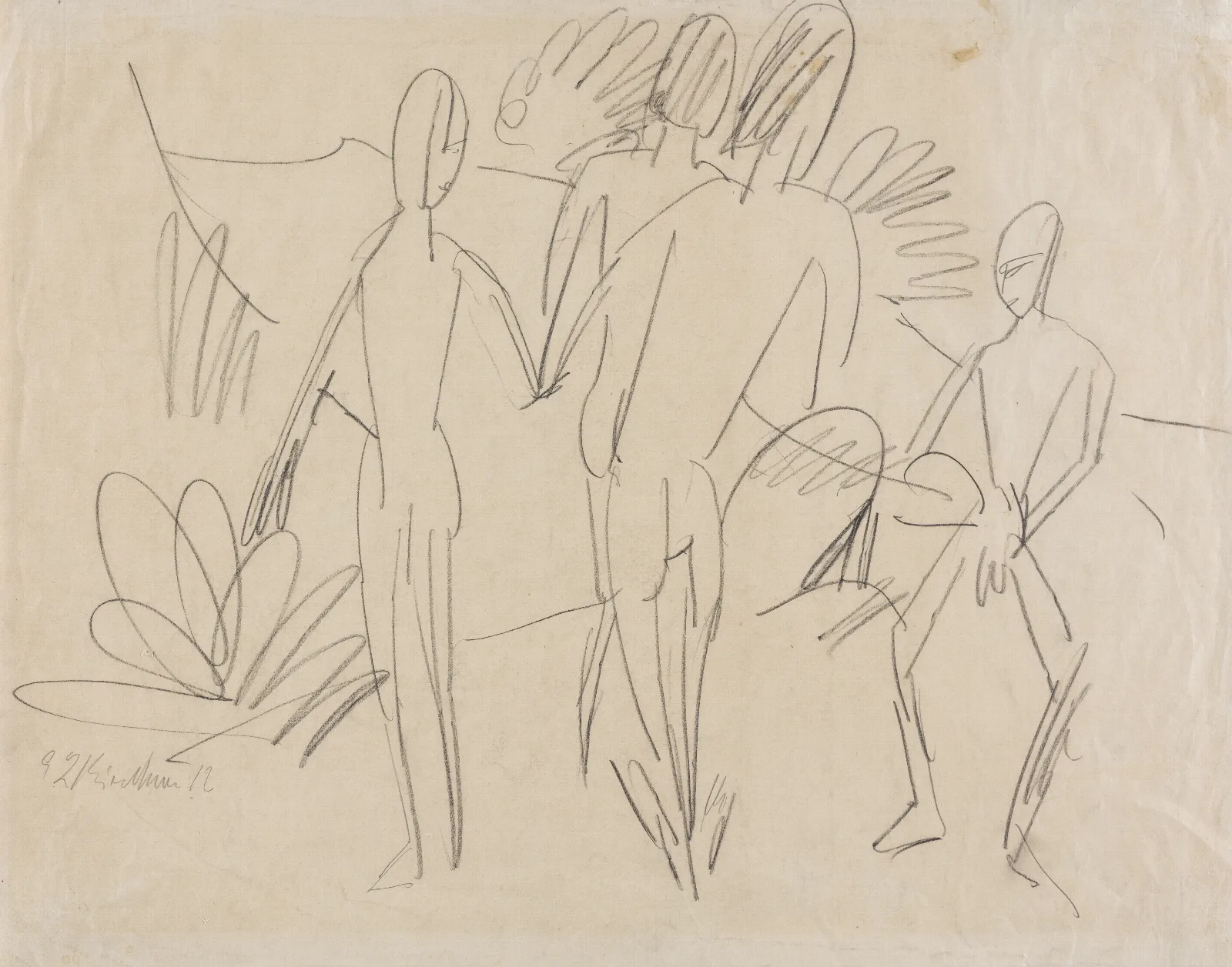 Four Figures On The Fehmarn Beach Wall Art by Ernst Ludwig Kirchner - Canvas Print