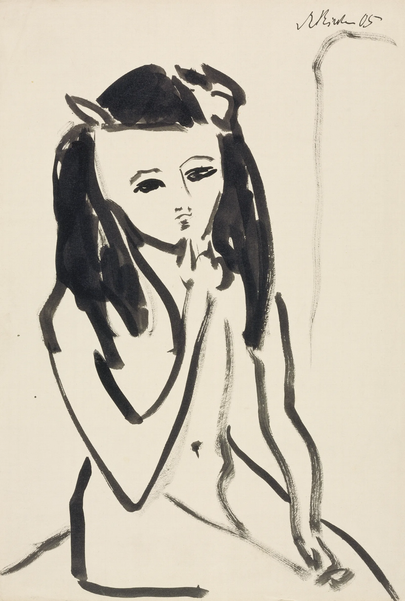 Franzi As A Nude Her Hand On Her Chin Wall Art by Ernst Ludwig Kirchner - Canvas Print