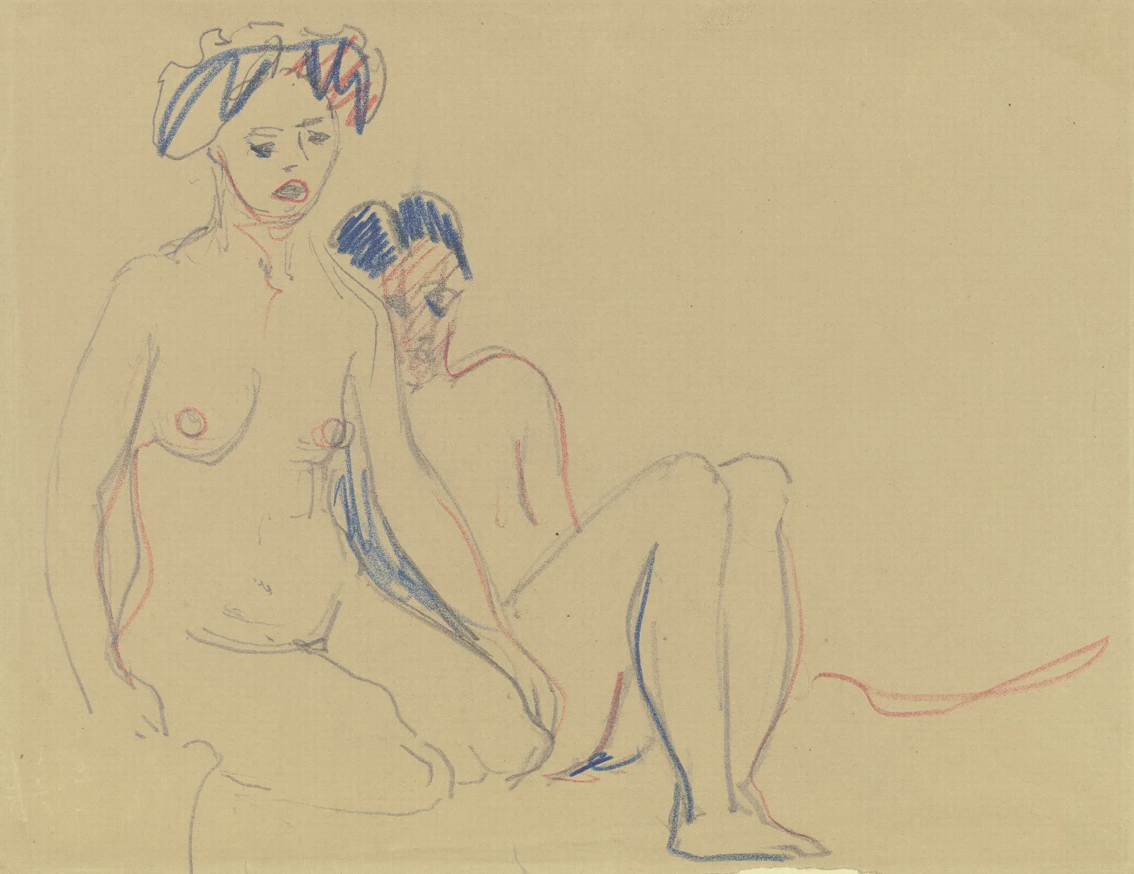 Sitting Naked Couple Wall Art by Ernst Ludwig Kirchner - Canvas Print