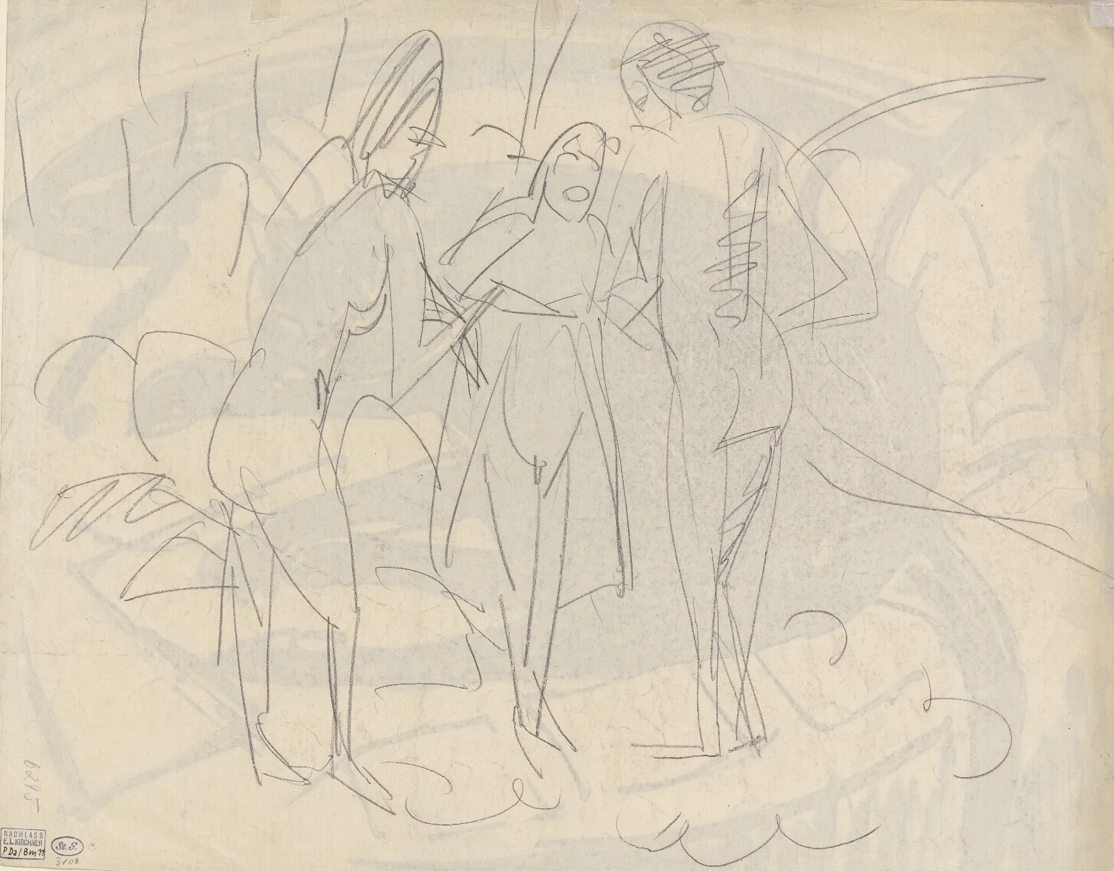 Three Standing Nudes Wall Art by Ernst Ludwig Kirchner - Canvas Print
