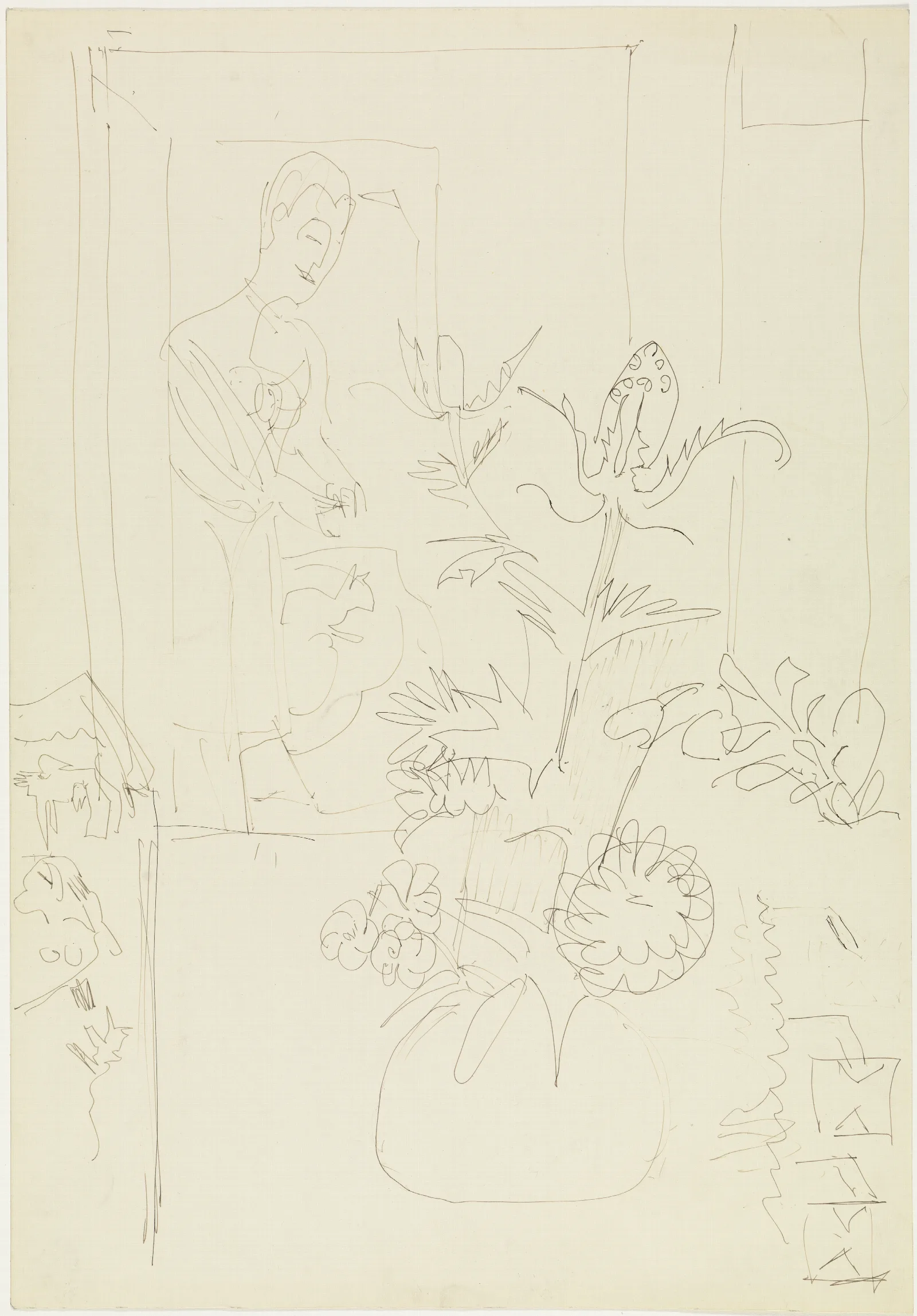 Interieur Mit Blumenvase Frau Und Katze Wall Art by Ernst Ludwig Kirchner - Canvas Print