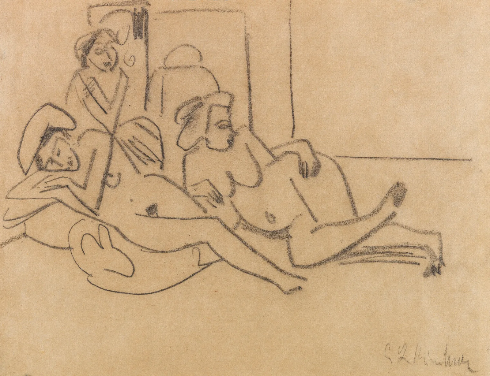 Zwei Liegende Akte Und Eine Sitzende Wall Art by Ernst Ludwig Kirchner - Canvas Print