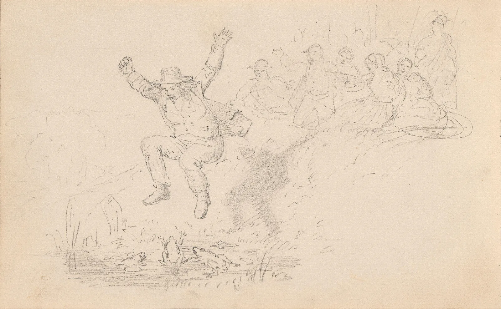 Man Jumping Into The Frog Pond Wall Art by Adolph Tidemand - Canvas Print