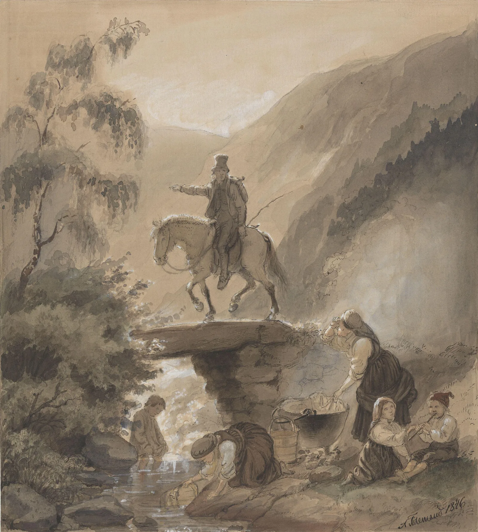 Rytter Kvinner Og Barn Ved Bekk Wall Art by Adolph Tidemand - Canvas Print
