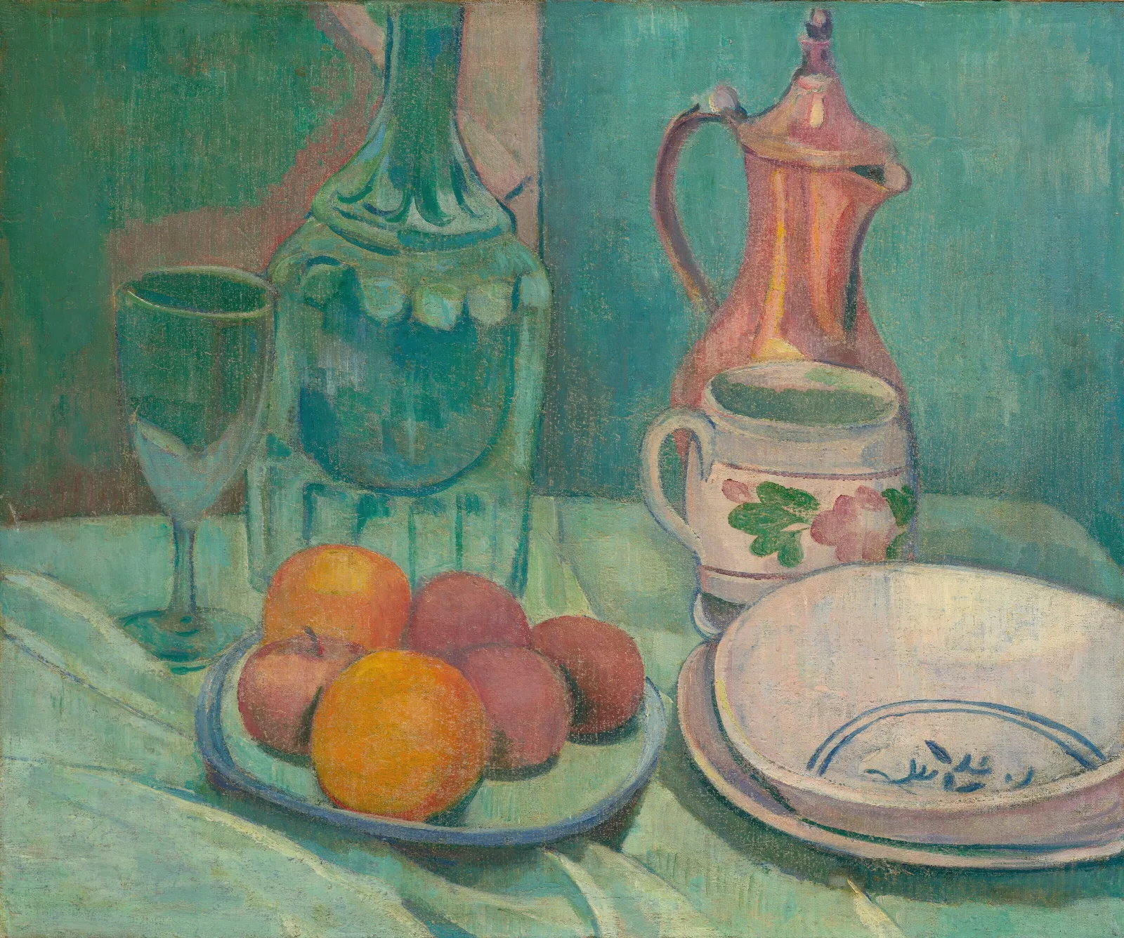 Nature Morte Carafe Verre Fruits Assiettes Tasse Et Cafetiere 2 Wall Art by Emile Bernard - Canvas Print