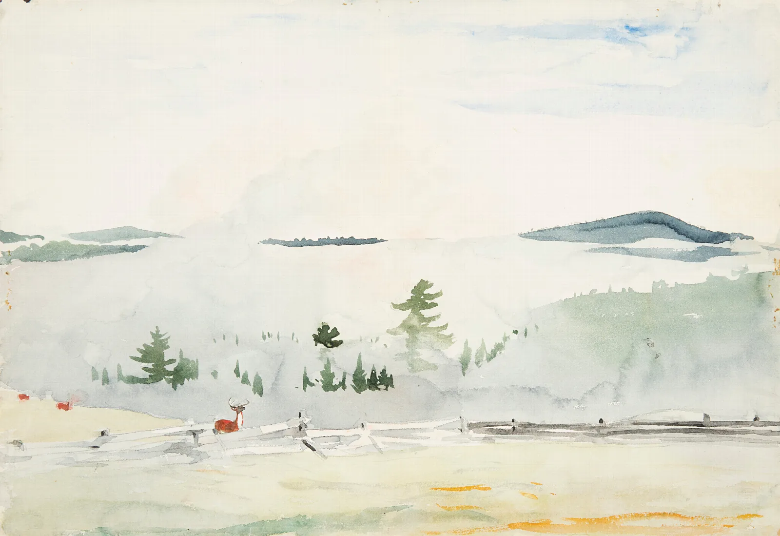 Landscape With Deer In A Morning Haze Wall Art by Winslow Homer - Canvas Print