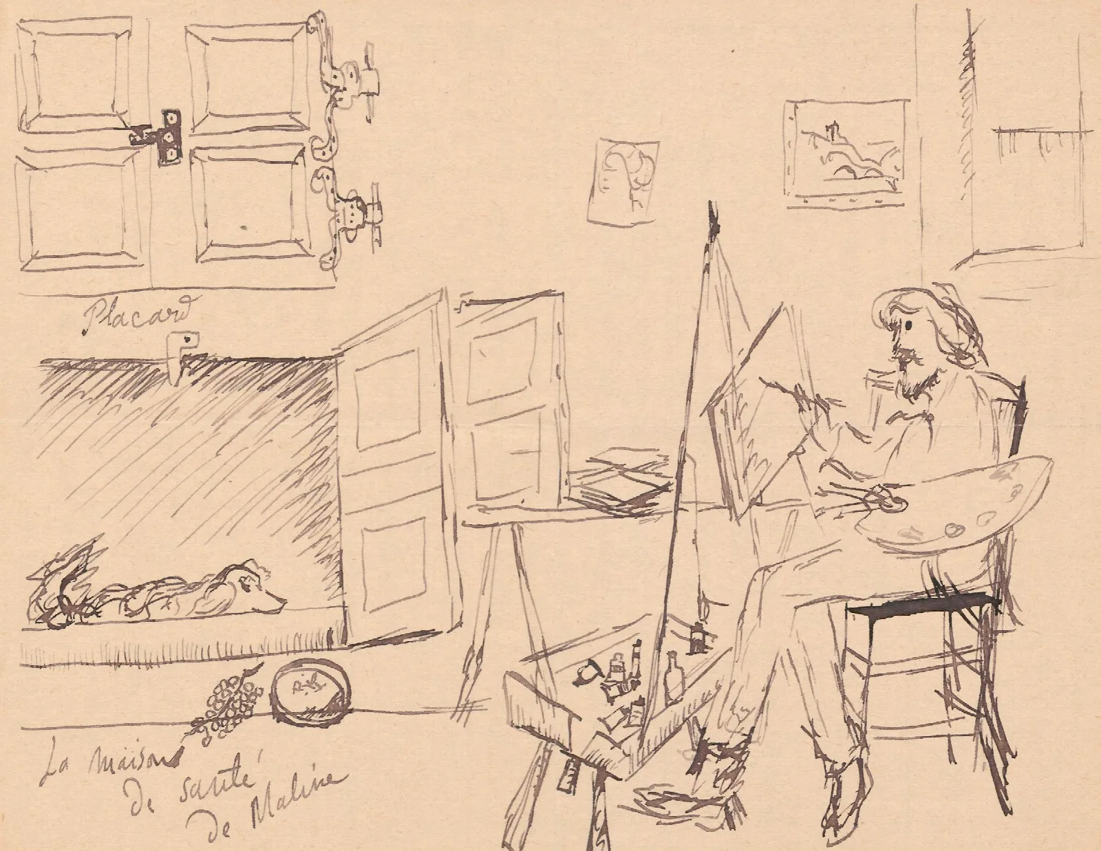 Letter To Maria Mickiewiczowna With A Drawing Self Portrait Of The Artist Painting A Picture At Their Workshop With The Ill Dog Malina Lying In Its Wall Art by Tadeusz Makowski - Canvas Print