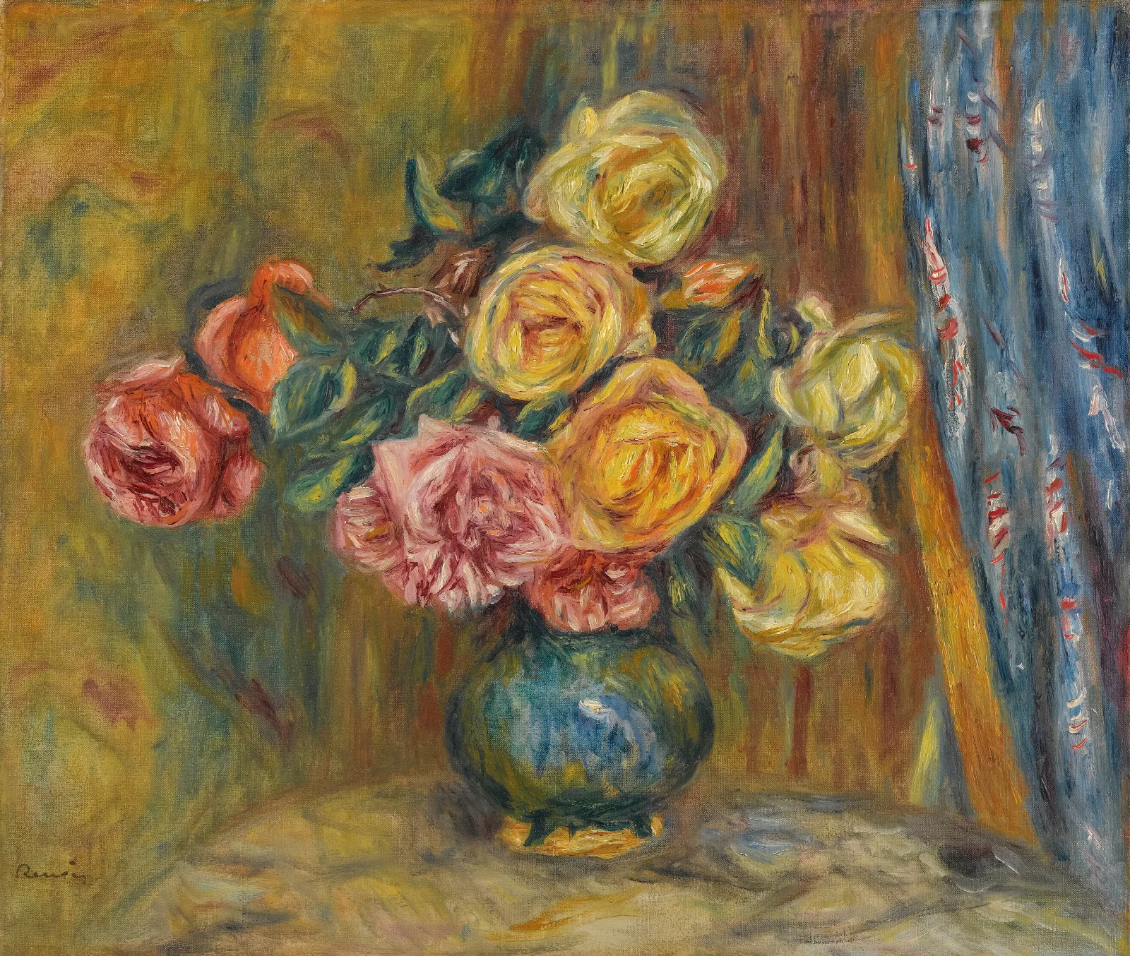 Les Roses Au Rideau Bleu Wall Art by Pierre-Auguste Renoir - Canvas Print