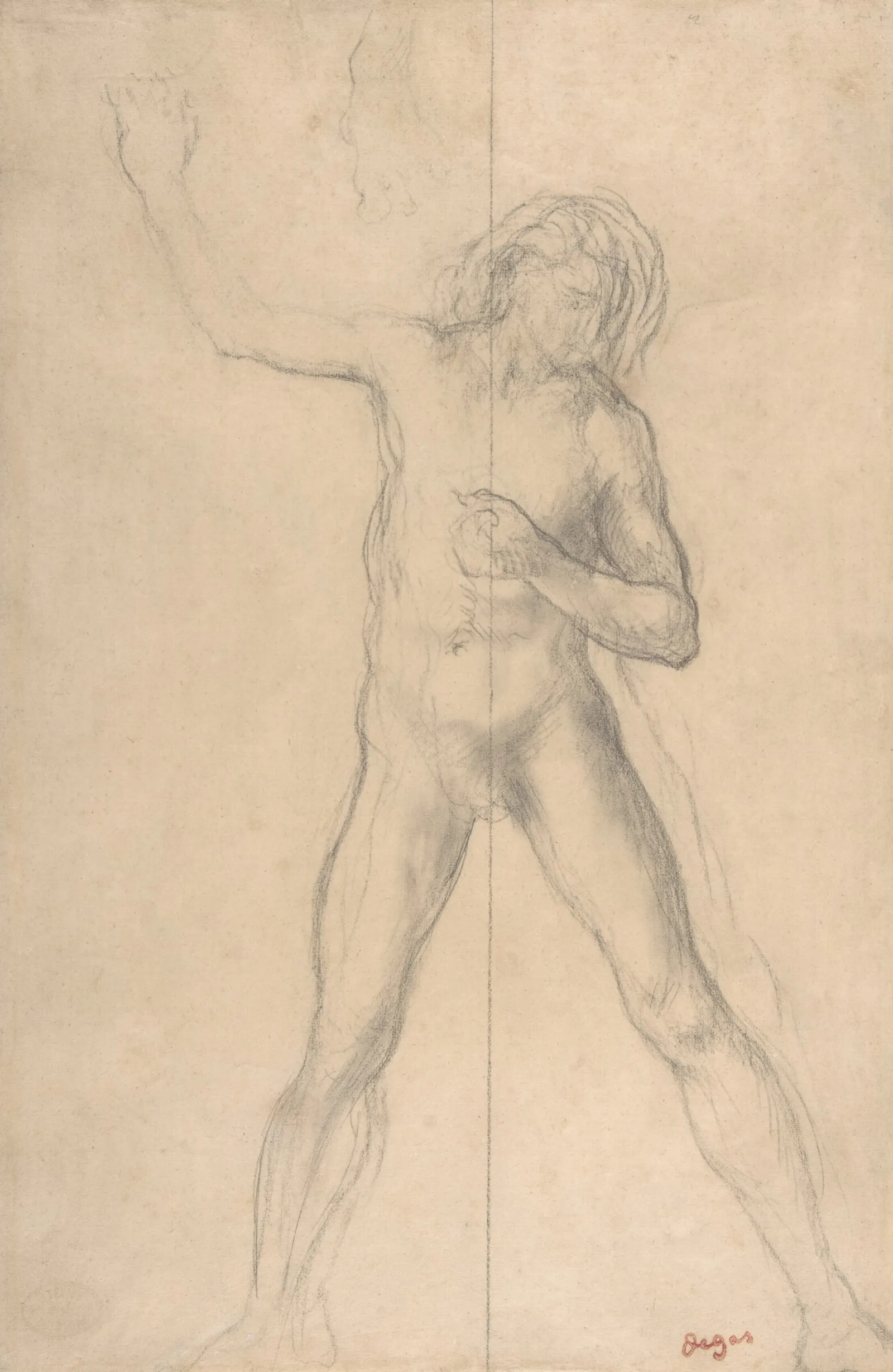 Standing Nude Youth With Right Arm Raised Wall Art by Edgar Degas - Canvas Print