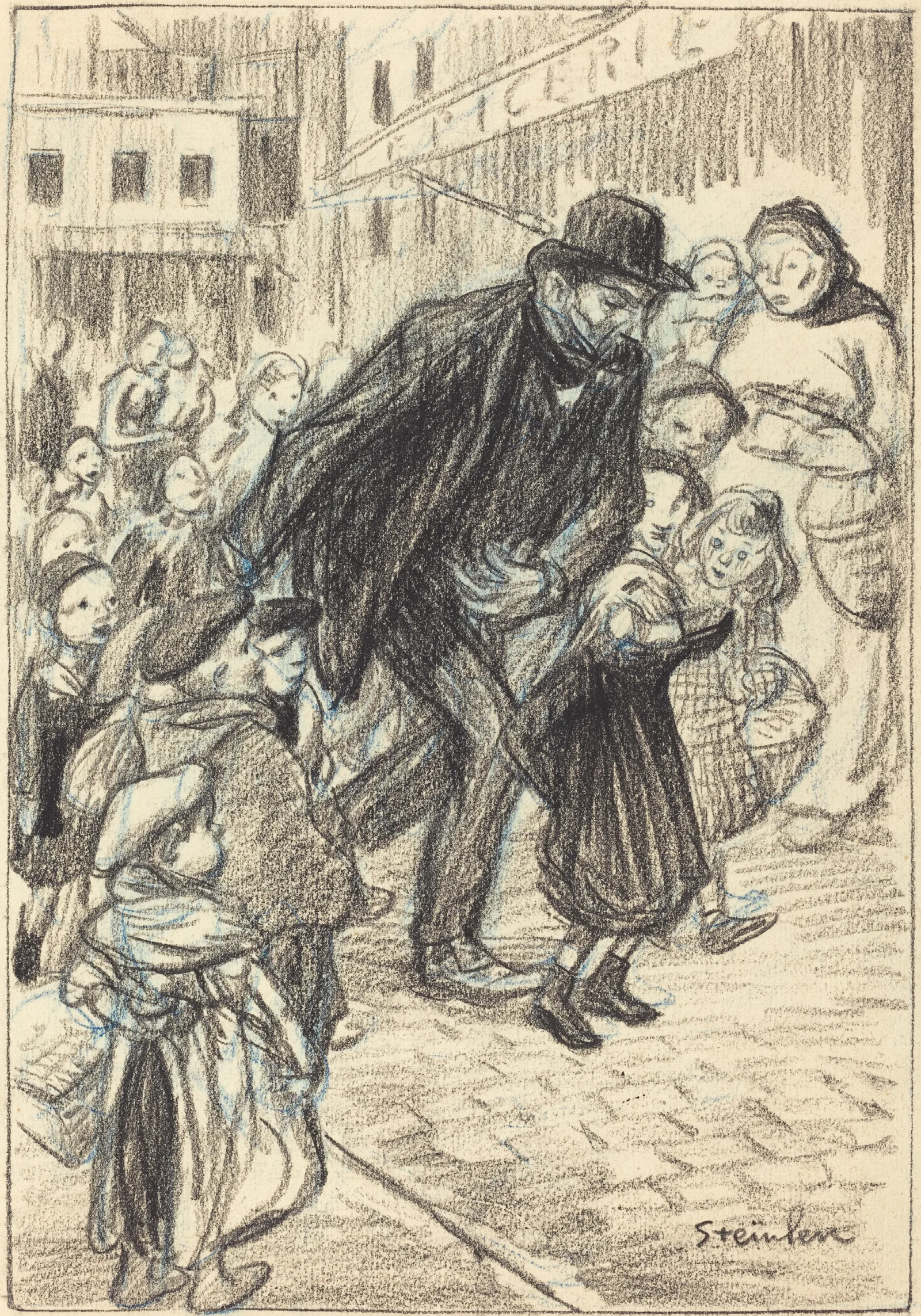 A Man On A City Street Surrounded By Children Un Pere Wall Art by Théophile Alexandre Steinlen - Canvas Print