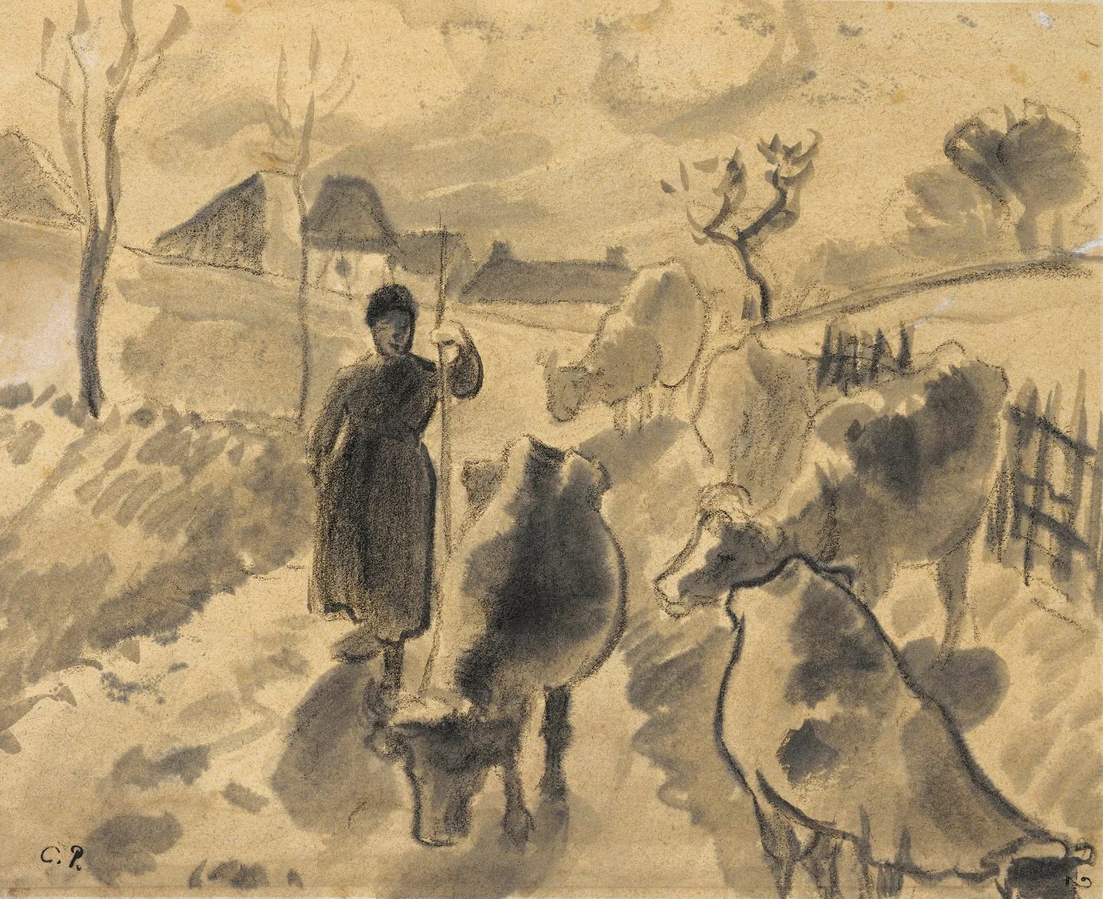 Girl Leading A Herd Of Cows Along A Road Wall Art by Camille Pissarro - Canvas Print