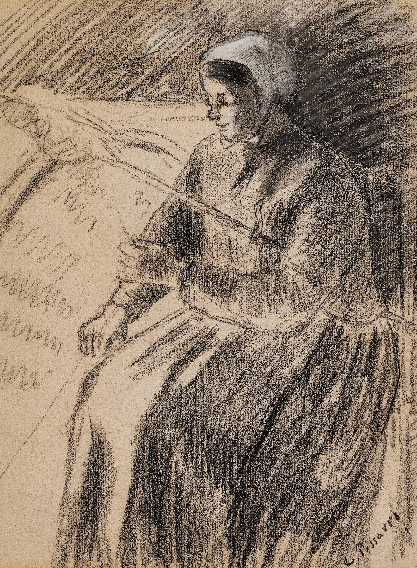 Etude Pour Une Paysanne Assise Devant Un Rouet Wall Art by Camille Pissarro - Canvas Print