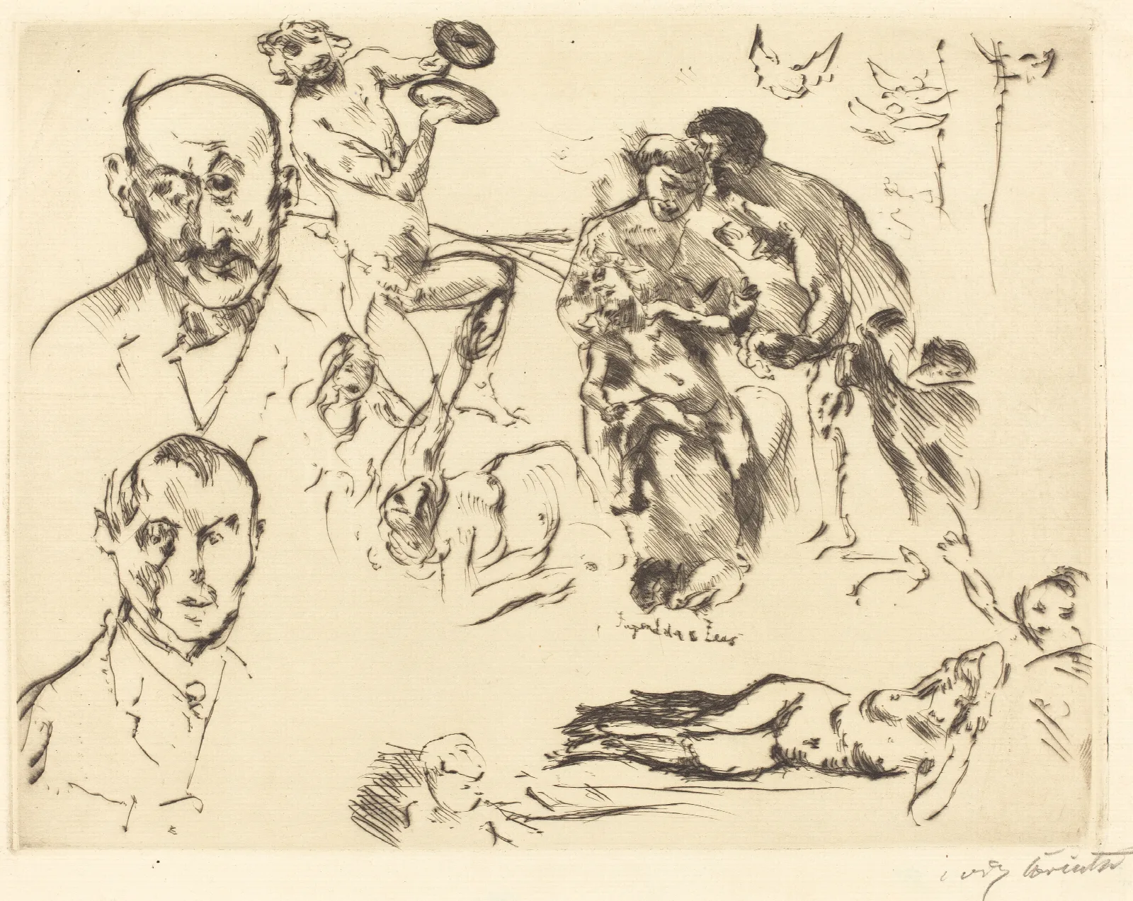 Plate Of Sketches Including One Of Max Liebermann Wall Art by Lovis Corinth - Canvas Print