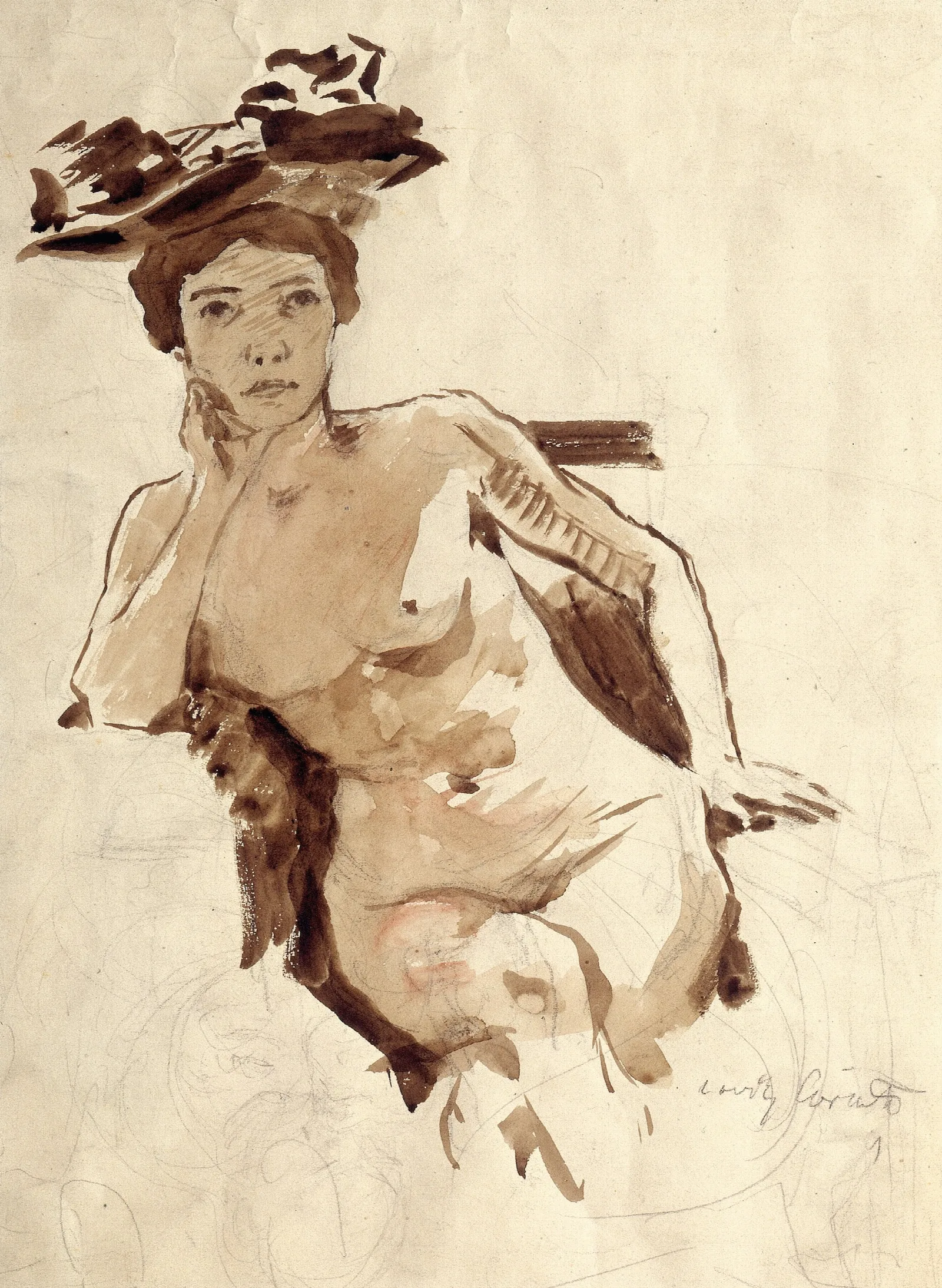 Female Semi Nude With Hat Wall Art by Lovis Corinth - Canvas Print