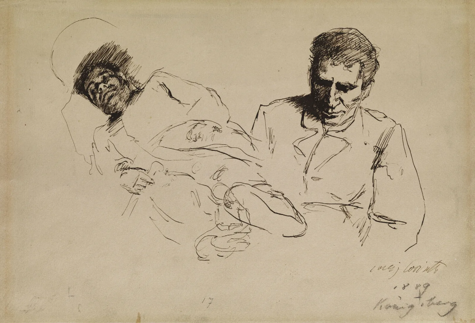 Tuschskizze Mnnliches Halbportrait Und Nach Links Liegender Mann Wall Art by Lovis Corinth - Canvas Print
