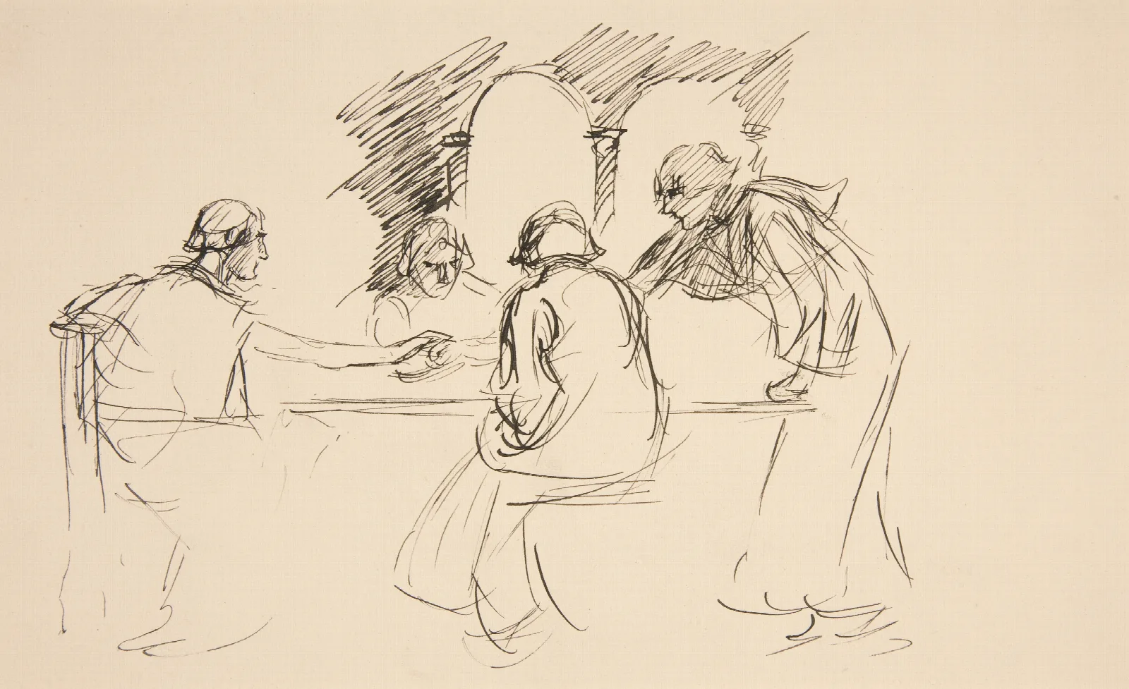 Sketch Of Four Men In Medieval Dress At A Table Unidentified Illustration Possibly For Loves Labours Lost The Kings Quandary Wall Art by Edwin Austin Abbey - Canvas Print