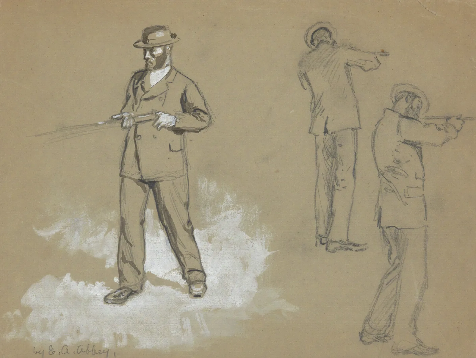 Three Sketches Of A Man With A Gun Wall Art by Edwin Austin Abbey - Canvas Print