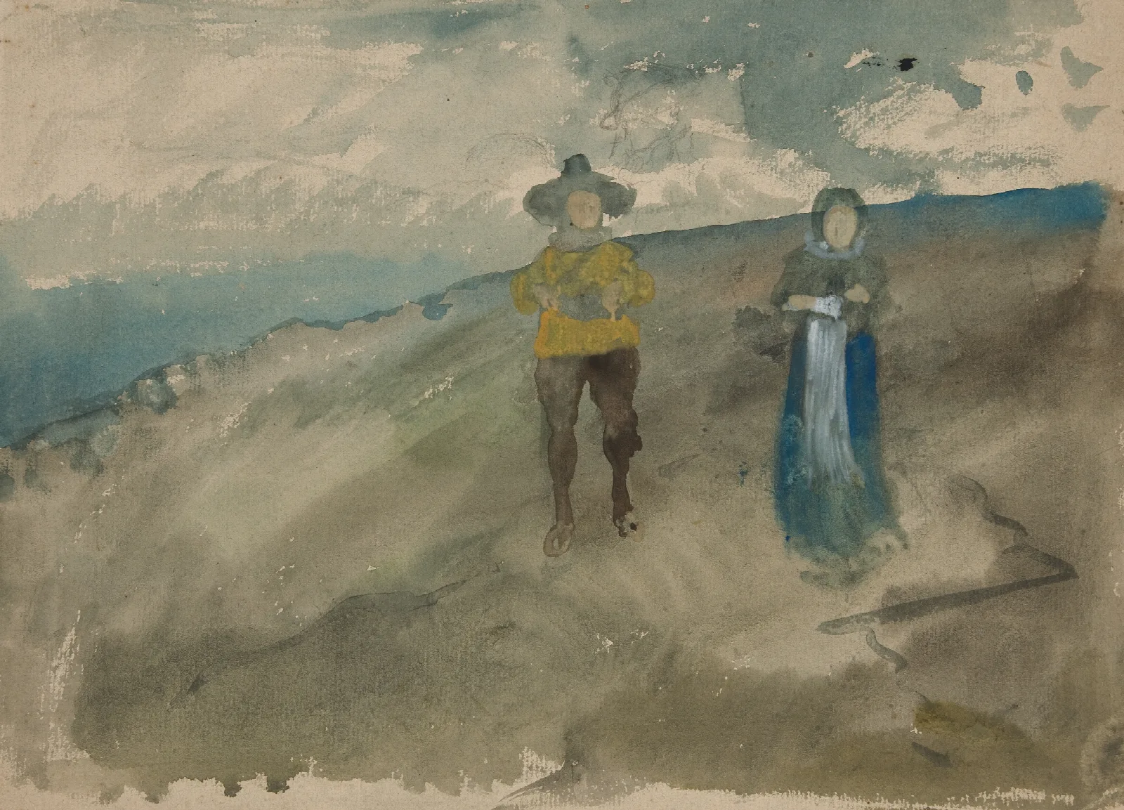 Two Figures In A Landscape Recto Study Of Mans Head Self Portrait Verso Wall Art by Edwin Austin Abbey - Canvas Print