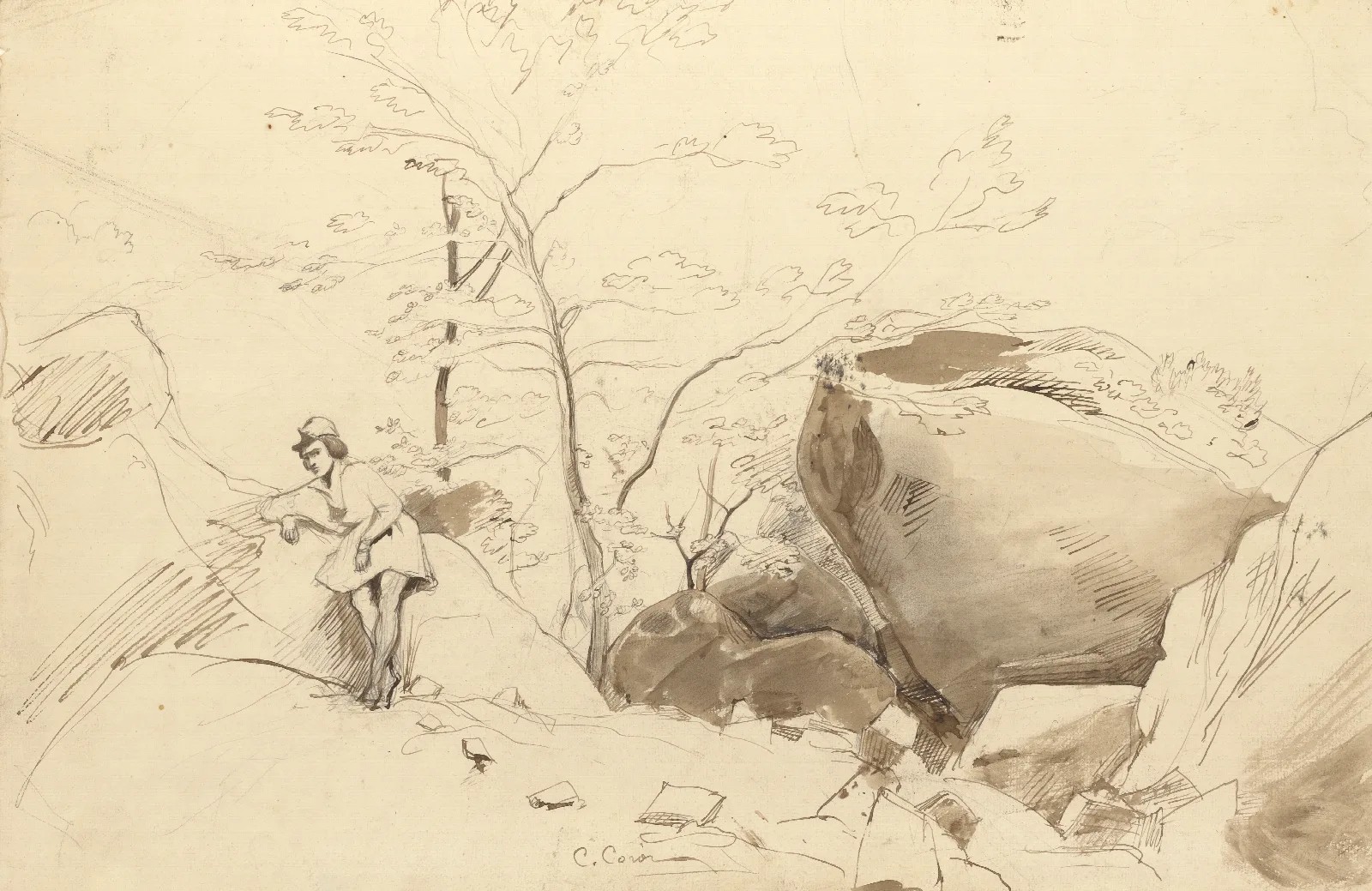 Fontainebleau Figure Leaning Against A Rock Wall Art by Jean-Baptiste-Camille Corot - Canvas Print