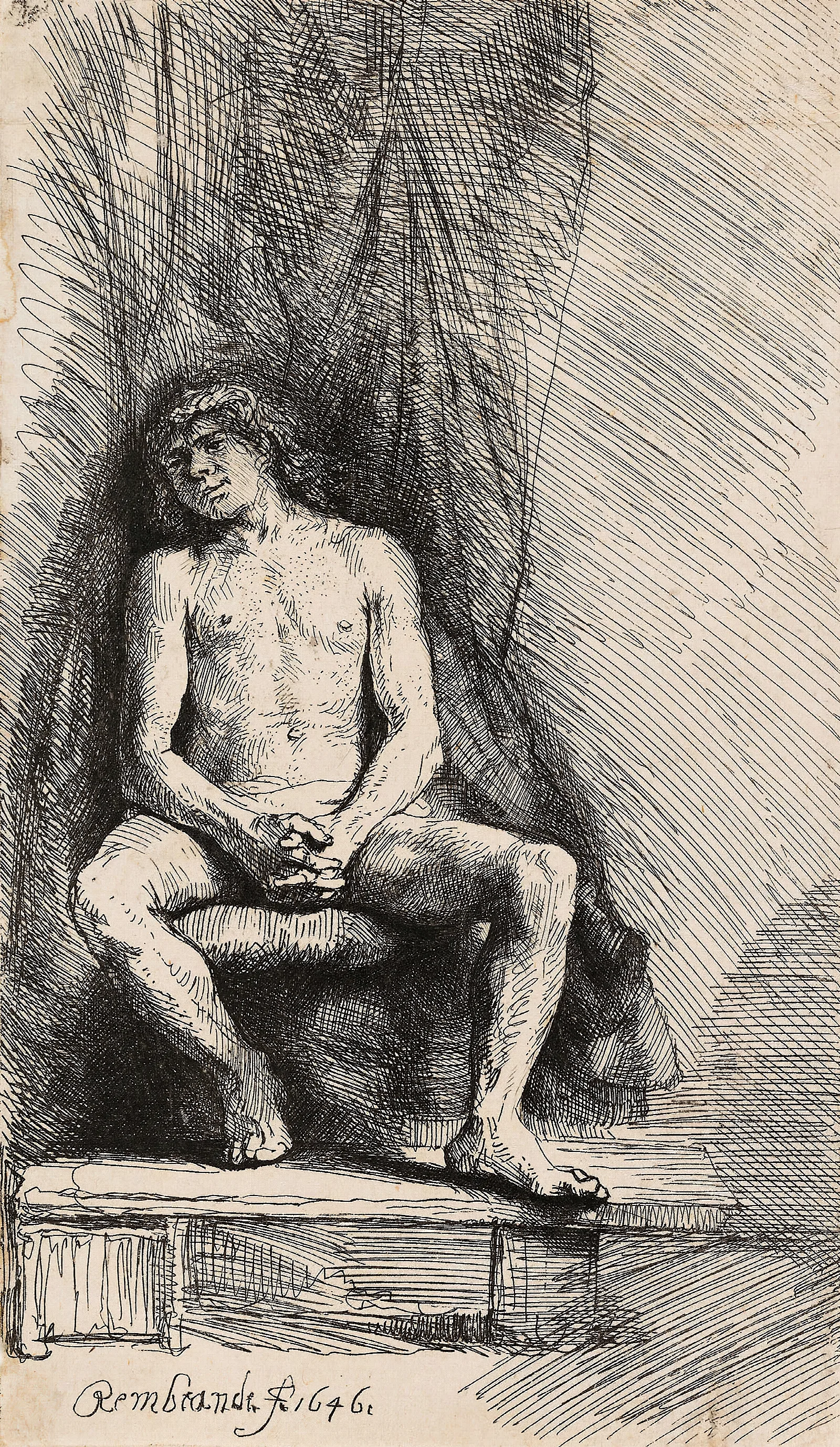 Nude Man Seated Before A Curtain Wall Art by Rembrandt van Rijn - Canvas Print