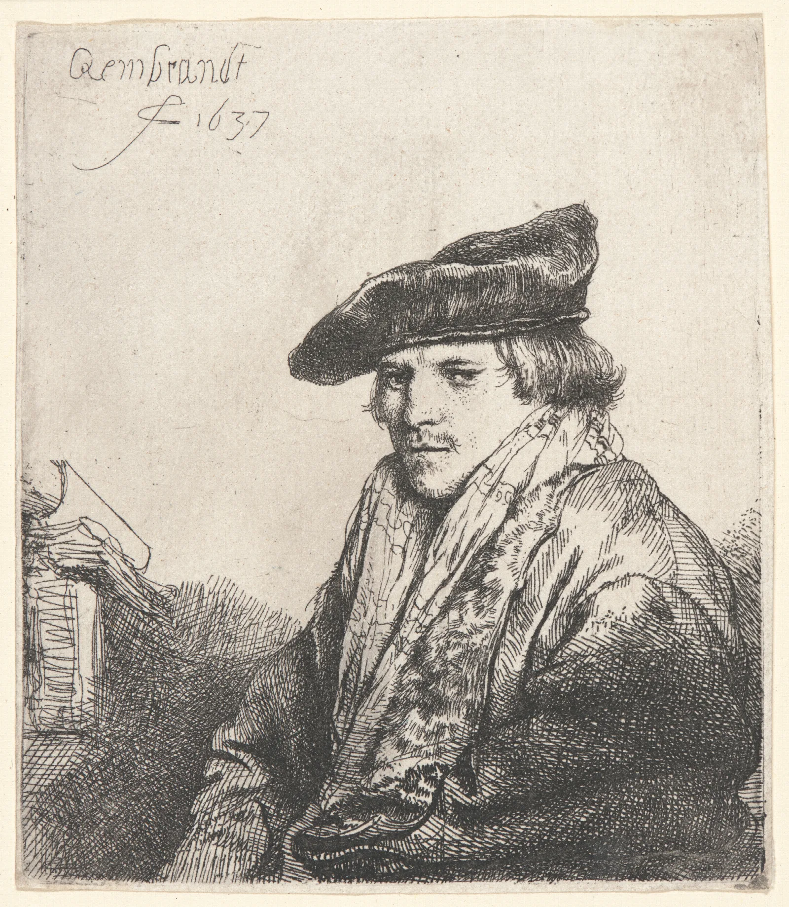 Young Man In Velvet Cap With Books Beside Him Wall Art by Rembrandt van Rijn - Canvas Print