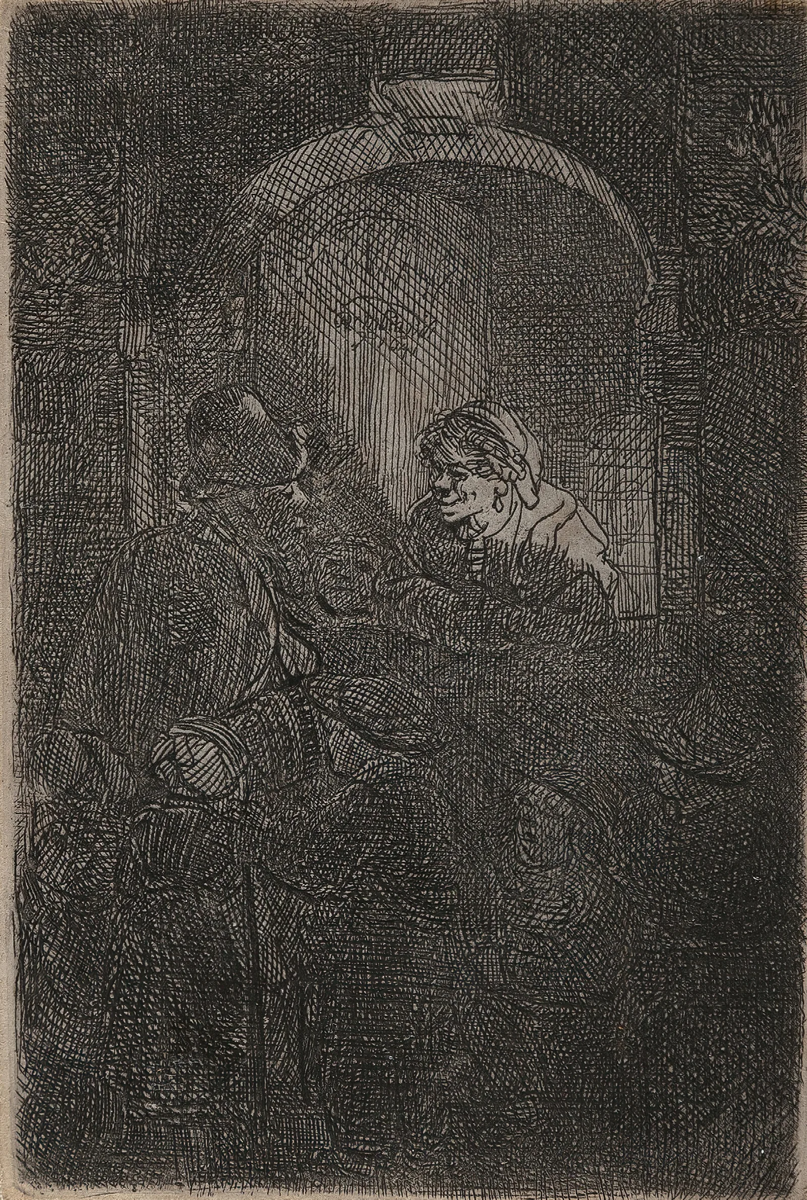 Woman At A Hatch Door Talking To A Man And Children The Schoolmaster Wall Art by Rembrandt van Rijn - Canvas Print