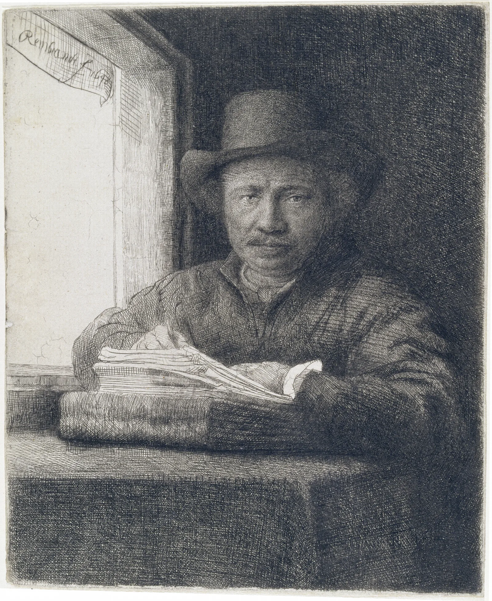 Self Portrait Etching At A Window Wall Art by Rembrandt van Rijn - Canvas Print