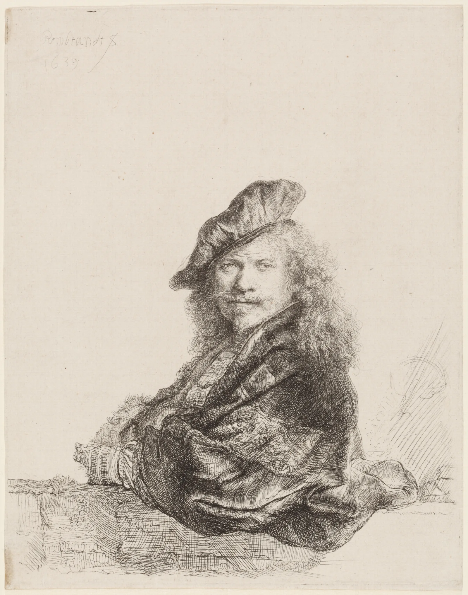 Self Portrait Leaning On A Stone Sill 3 Wall Art by Rembrandt van Rijn - Canvas Print