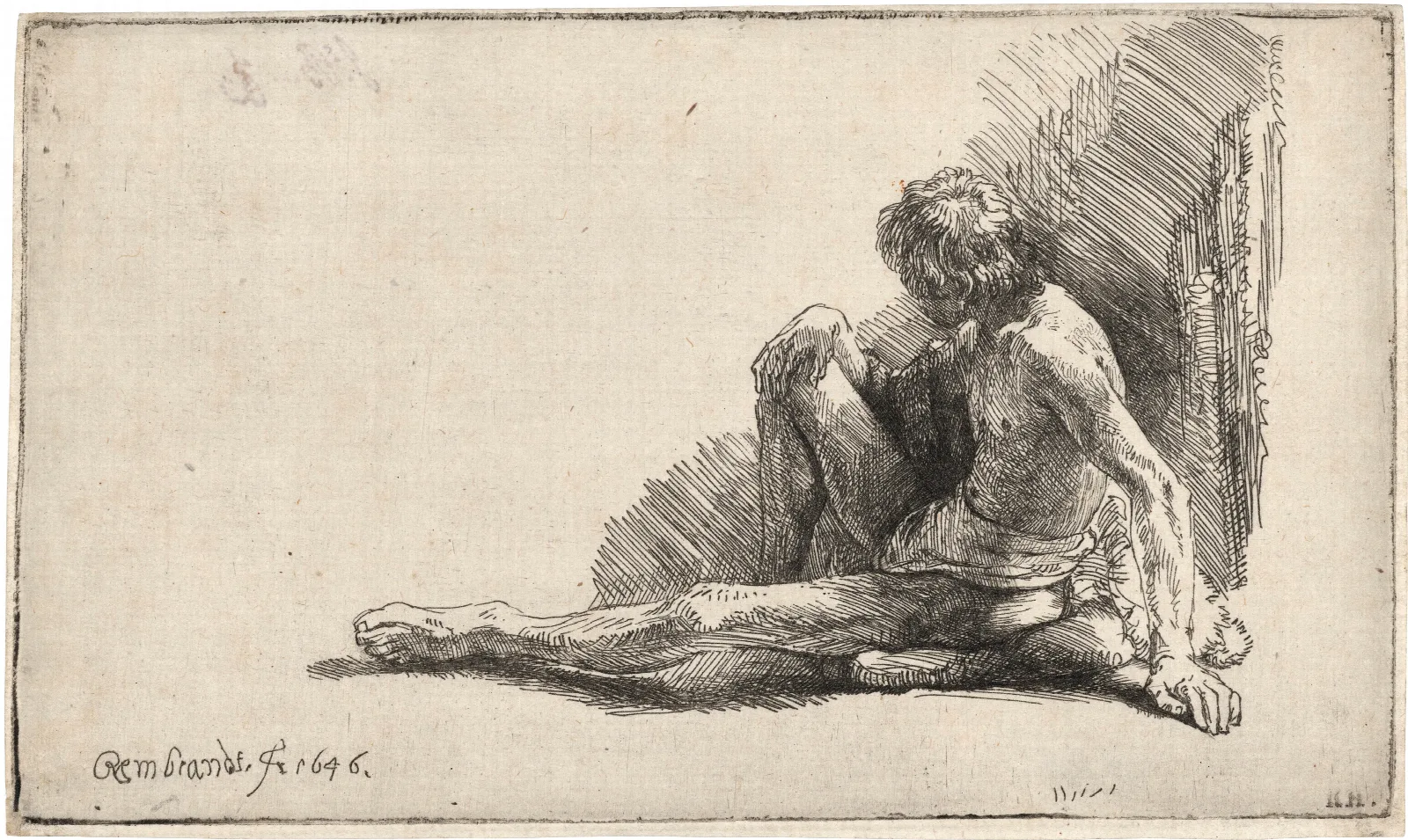 Nude Man Seated On The Ground With One Leg Extended Wall Art by Rembrandt van Rijn - Canvas Print