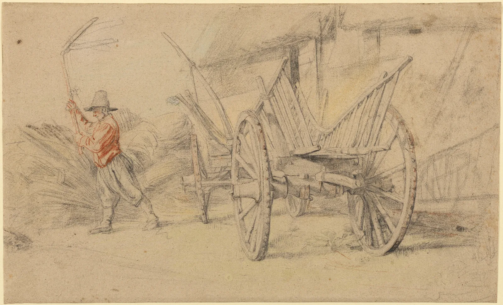 A Man Threshing Beside A Wagon Farm Buildings Behind Wall Art by Peter Paul Rubens - Canvas Print