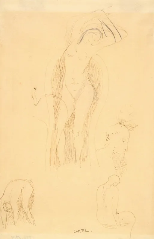 Sheet Of Studies Nu Et Profil Barbu Or Feuille Detudes Avec Nu Feminin Wall Art by Odilon Redon - Canvas Print