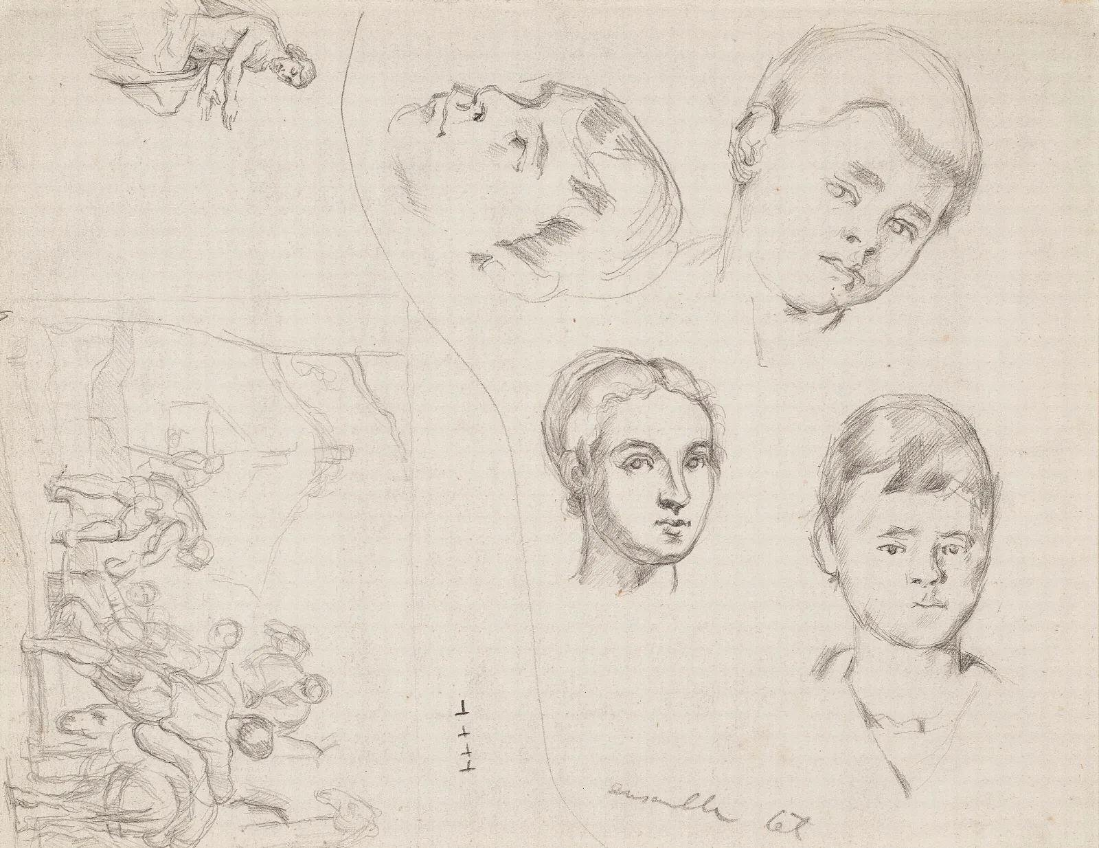 Trois Portraits De Paul Et Etudes Dapres Pedro De Maya Et Le Tintoret Wall Art by Paul Cézanne - Canvas Print