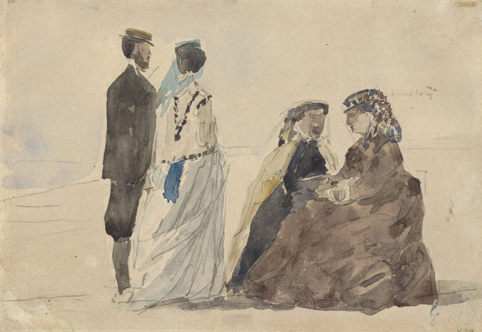 Two Ladies Seated And A Couple Walking On The Beach Wall Art by Eugène Boudin - Canvas Print