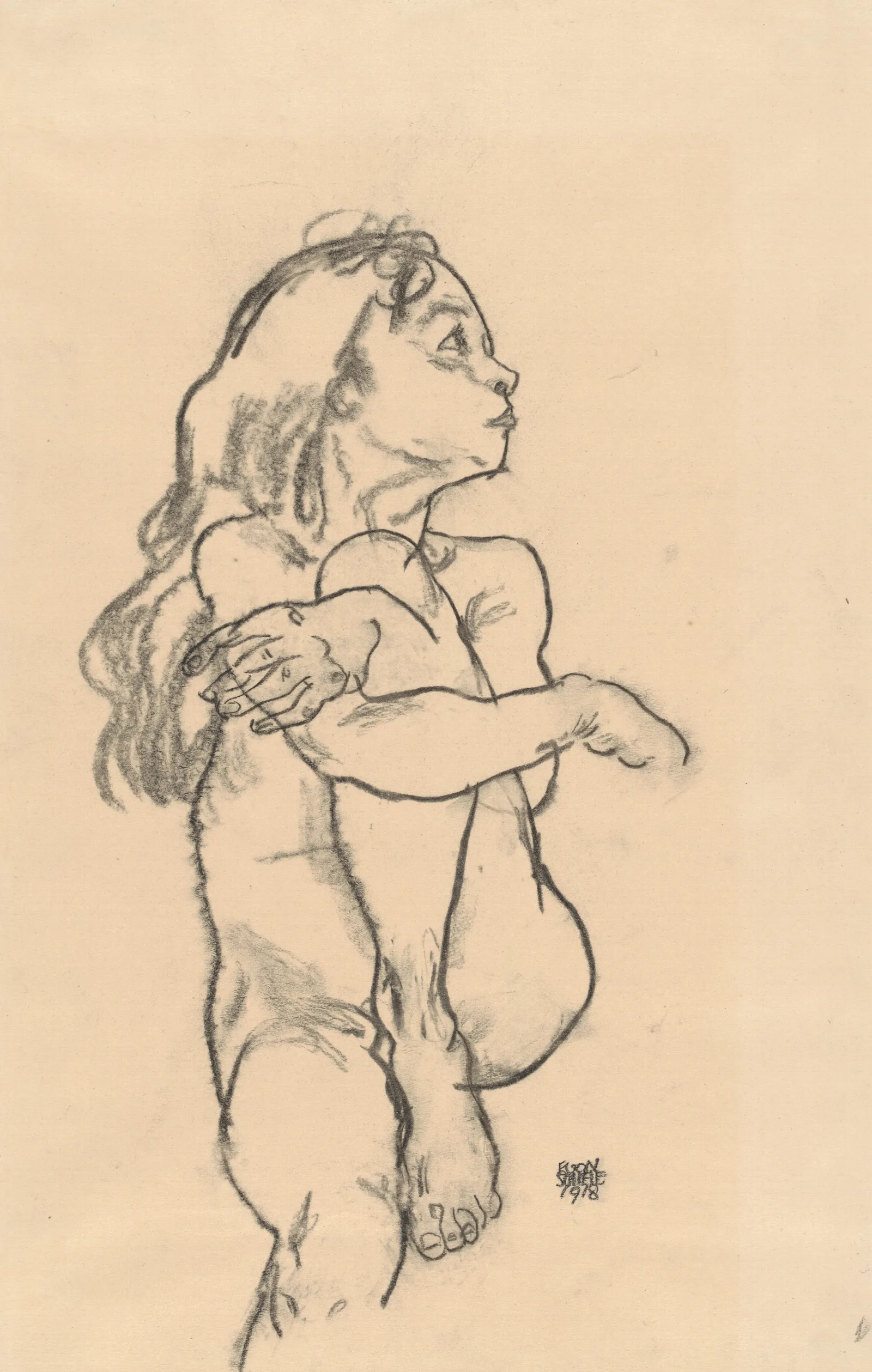 Seated Nude Girl Clasping Her Left Knee Wall Art by Egon Schiele - Canvas Print