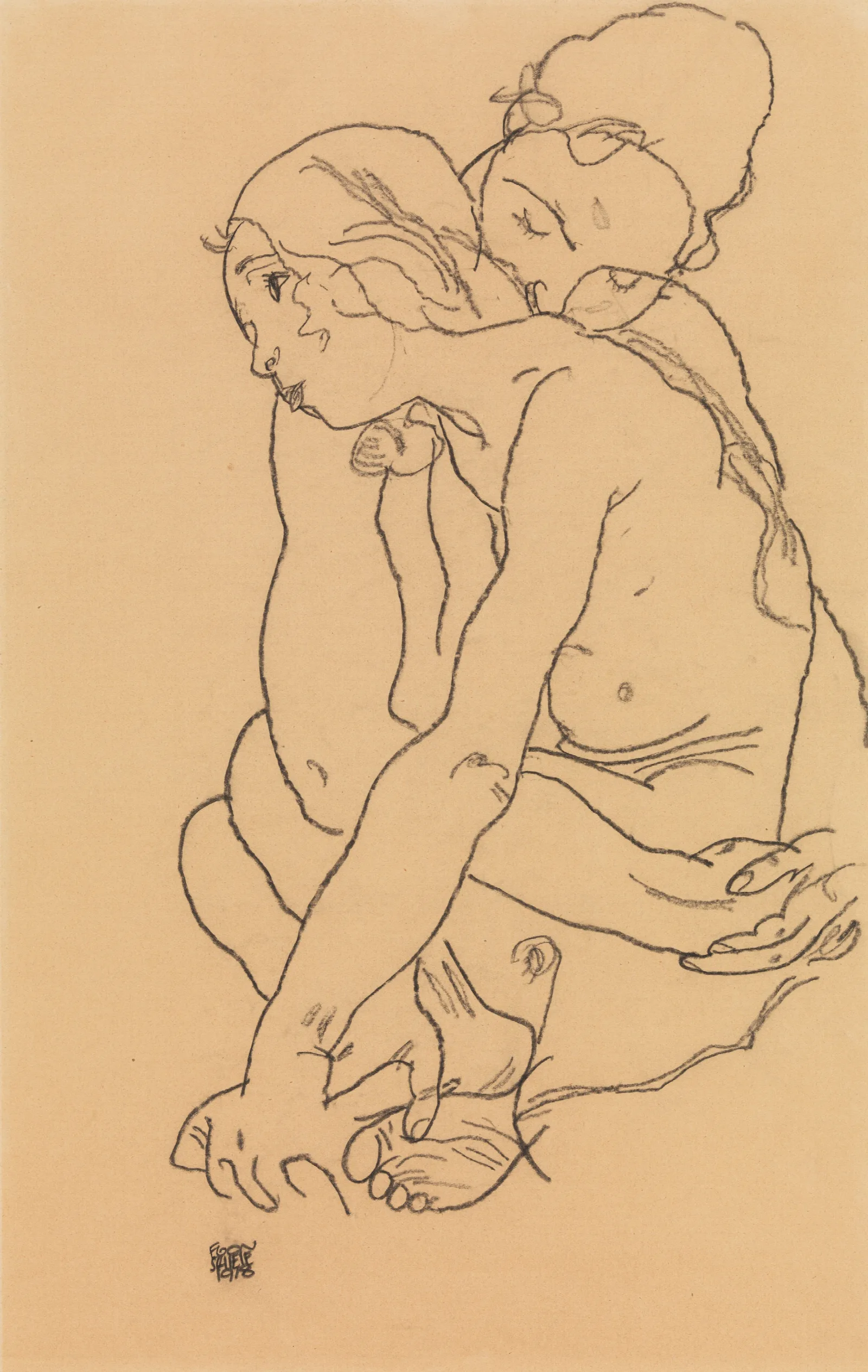 Woman And Girl Embracing Wall Art by Egon Schiele - Canvas Print