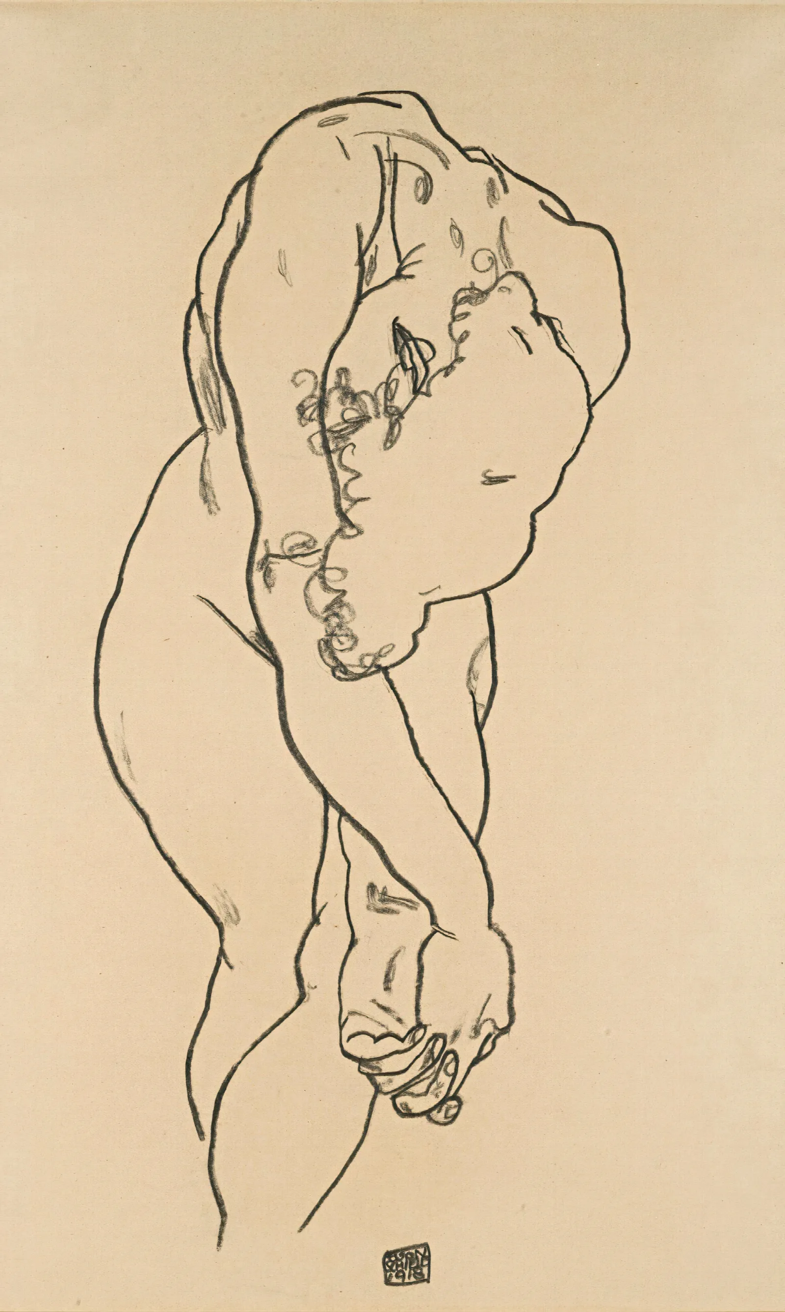 Bending Woman With Head Bowed And Crossed Hands Wall Art by Egon Schiele - Canvas Print