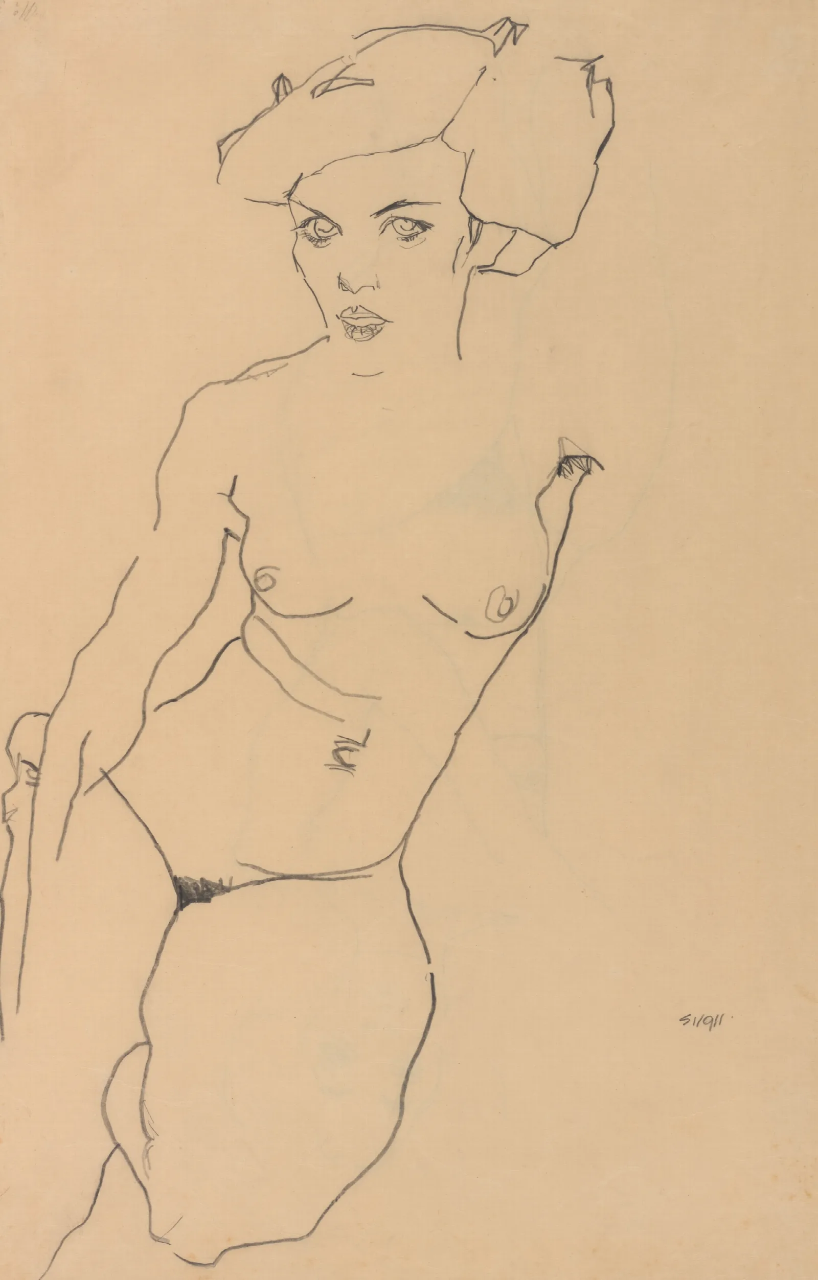 Kneeling Female Nude Wall Art by Egon Schiele - Canvas Print