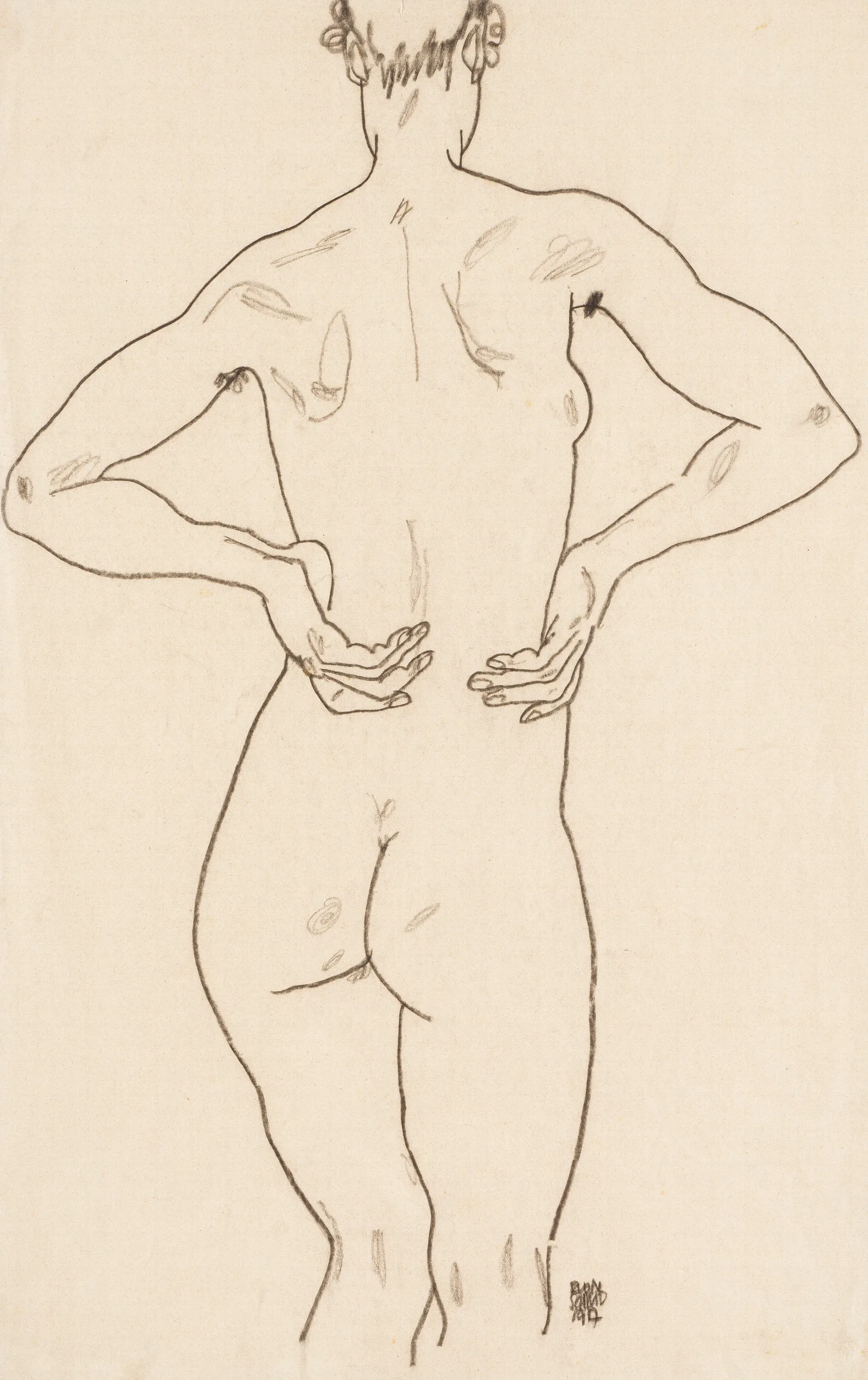 Weiblicher Ruckenakt Die Hande Auf Der Hufte Wall Art by Egon Schiele - Canvas Print