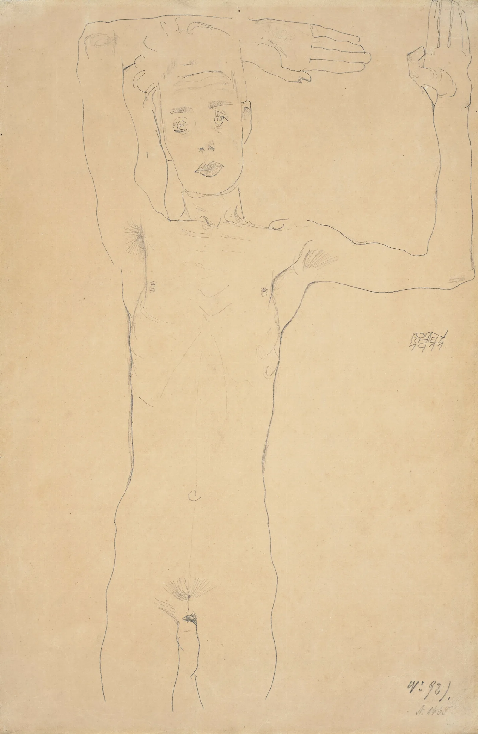 Stehender Mannlicher Akt Mit Erhobenen Armen Selbstbildnis Wall Art by Egon Schiele - Canvas Print