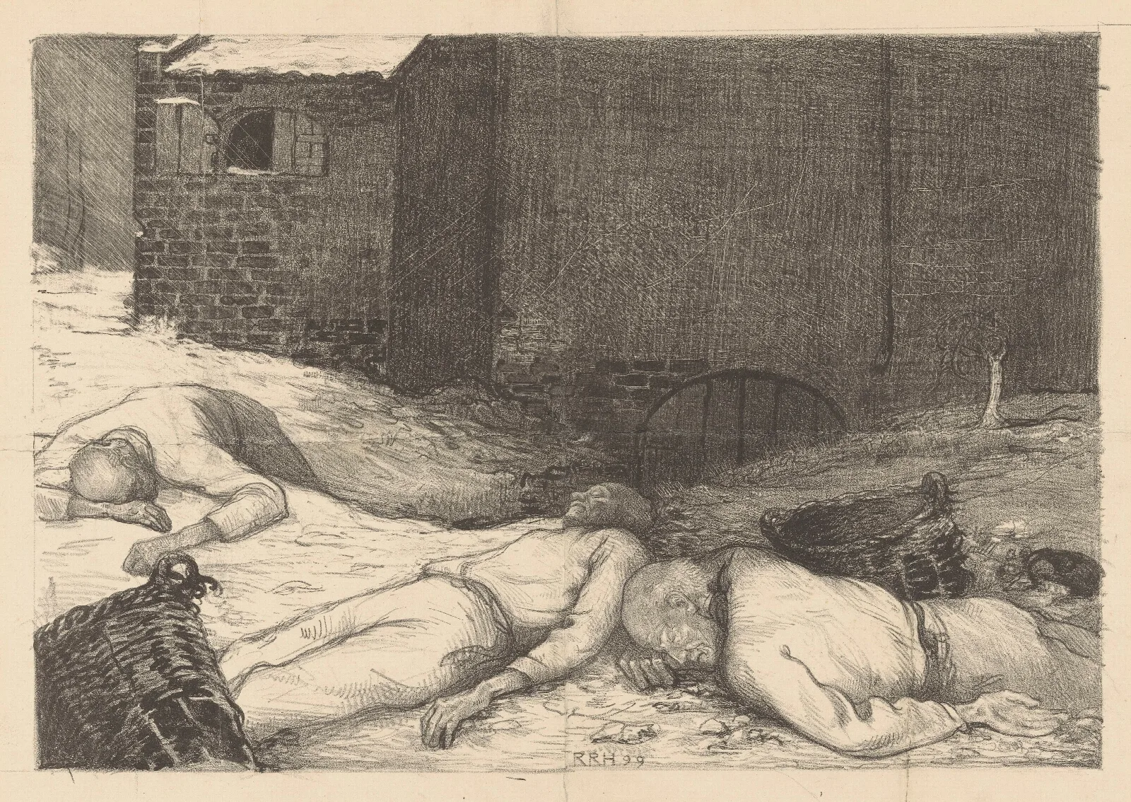 Drie Liggende Dode Mannen Bij Een Gebouw Wall Art by Richard Nicolaüs Roland Holst - Canvas Print