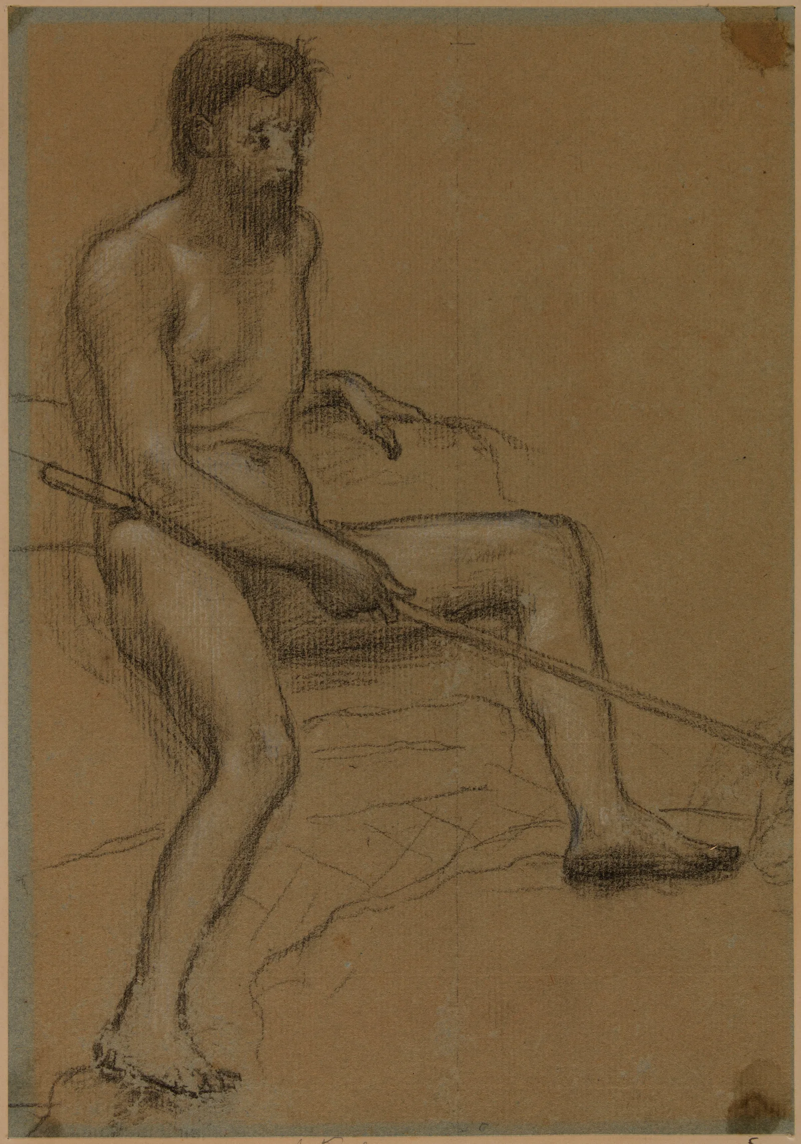 Homme Nu Assis Tenant Un Baton Dans La Main Droite Wall Art by Pierre Puvis de Chavannes - Canvas Print