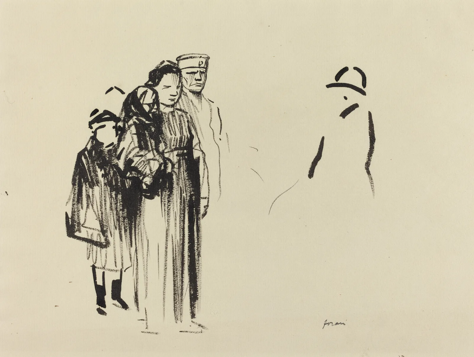 Woman And Two Children With German Soldiers Wall Art by Jean-Louis Forain - Canvas Print