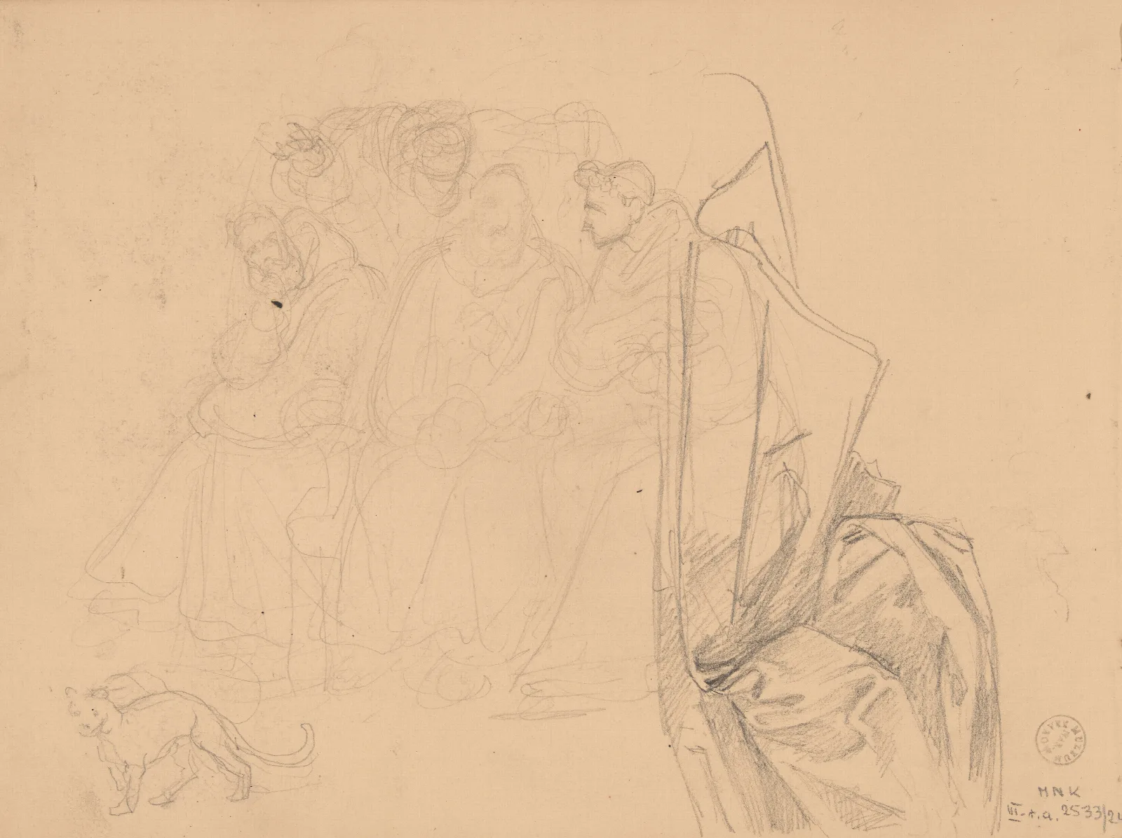Sketch Of Three Monks Sitting Side By Side Wall Art by Józef Simmler - Canvas Print