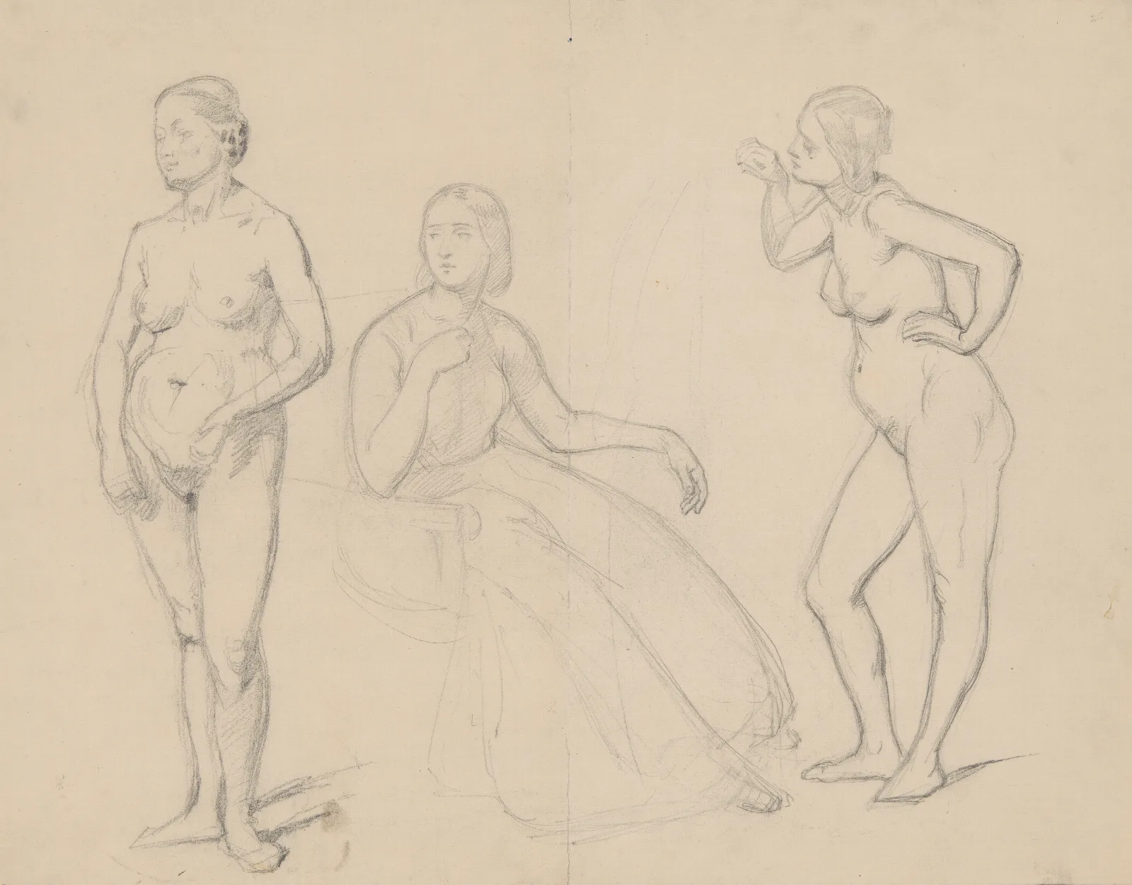 Study Of The Figure Of Queen Bona And Two Nude Studies Of Court Ladies For The Painting The Upbringing Of Sigismund Augustus Wall Art by Józef Simmler - Canvas Print