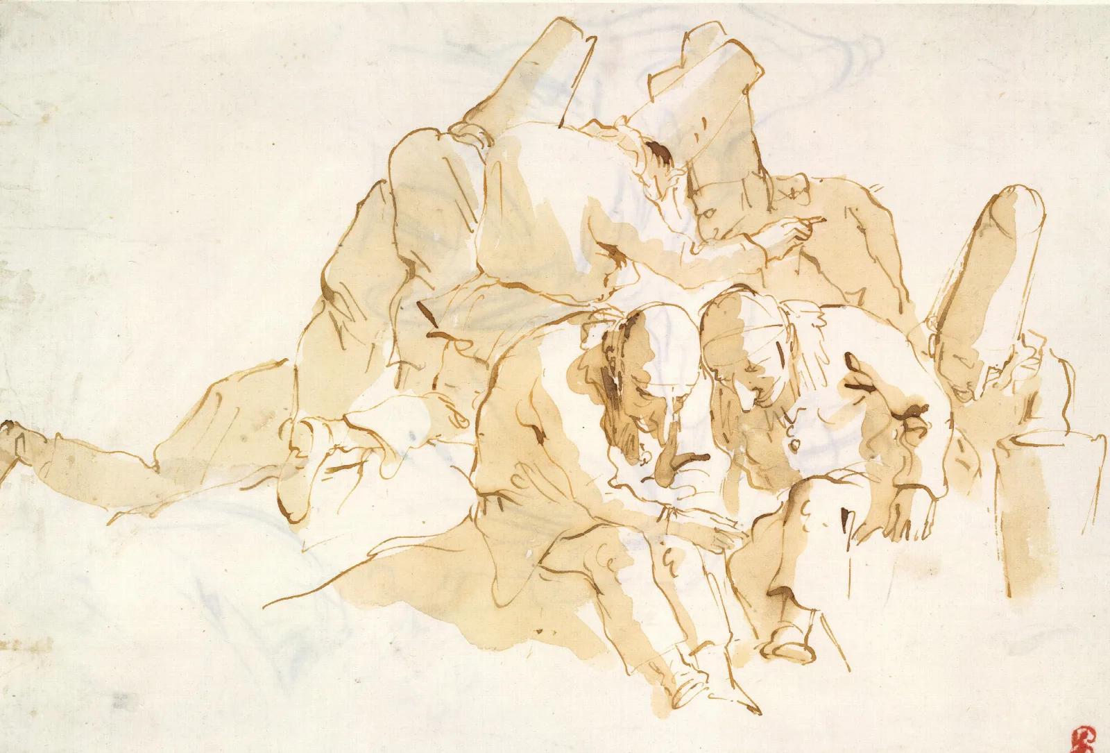 A Group Of Punchinelli Seated Wall Art by Giovanni Battista Tiepolo - Canvas Print