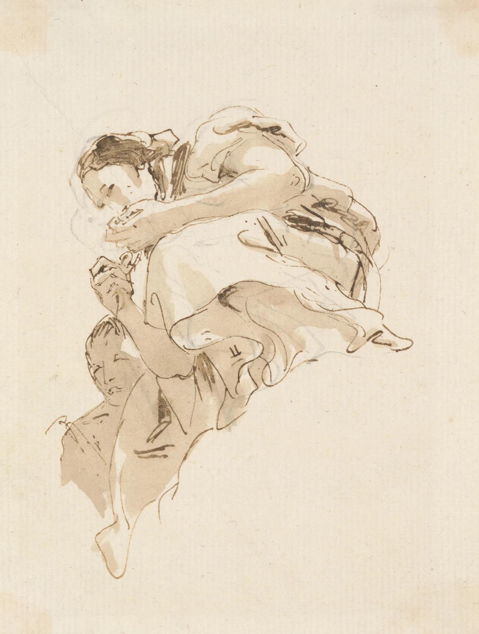 Crouching Woman With A Boy Behind Her Wall Art by Giovanni Battista Tiepolo - Canvas Print