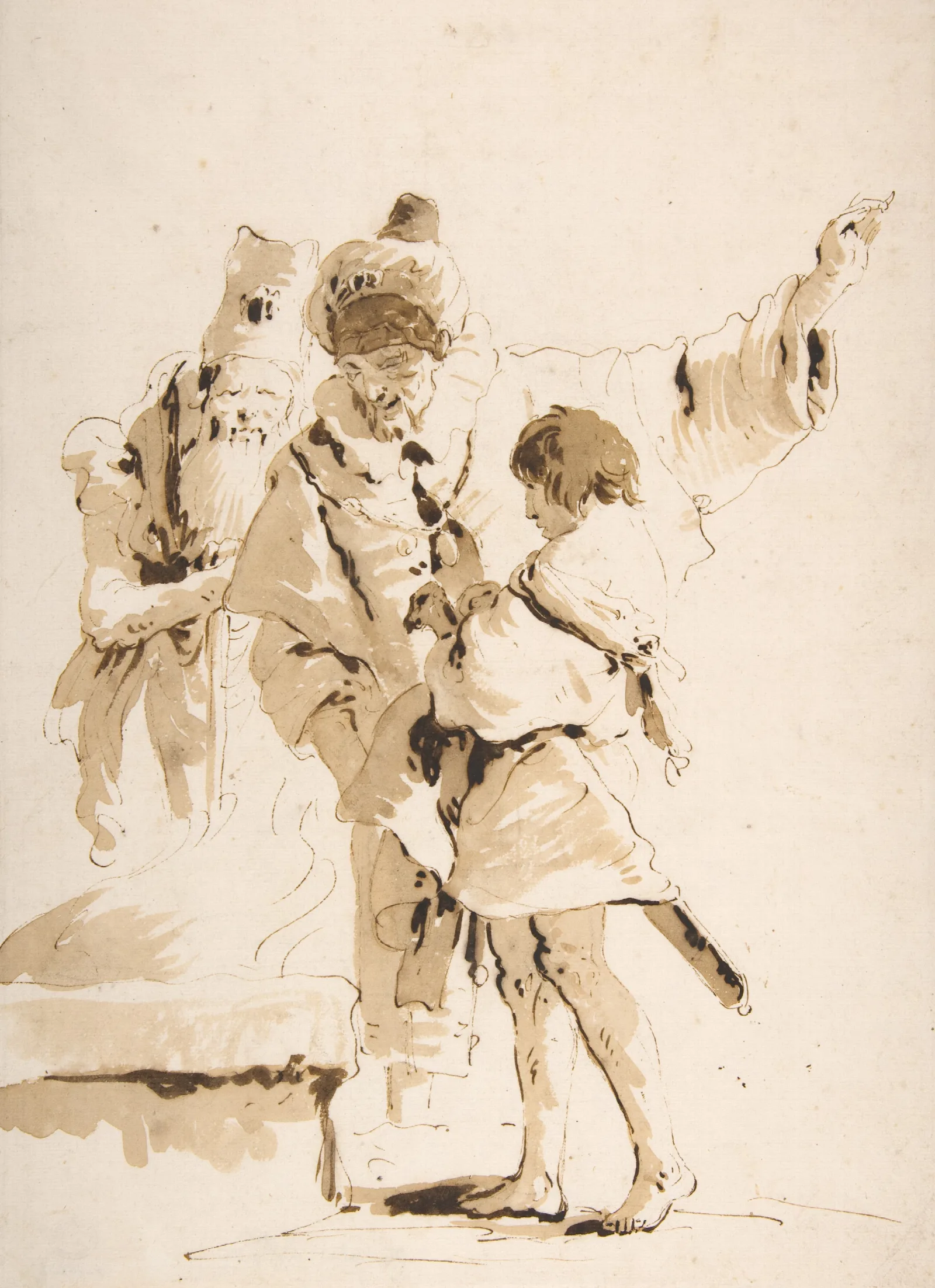 Scherzo Di Fantasia Two Standing Orientals And A Standing Youth With A Sword Wall Art by Giovanni Battista Tiepolo - Canvas Print